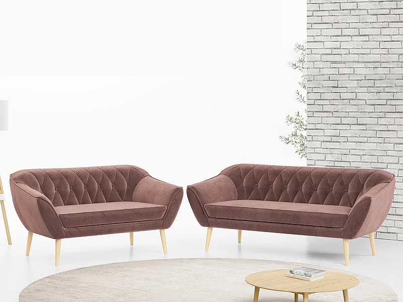 Couchgarnitur Set PIRS - 3+2, Skandinavischer Design, Holzbeine - Rosa Velvet