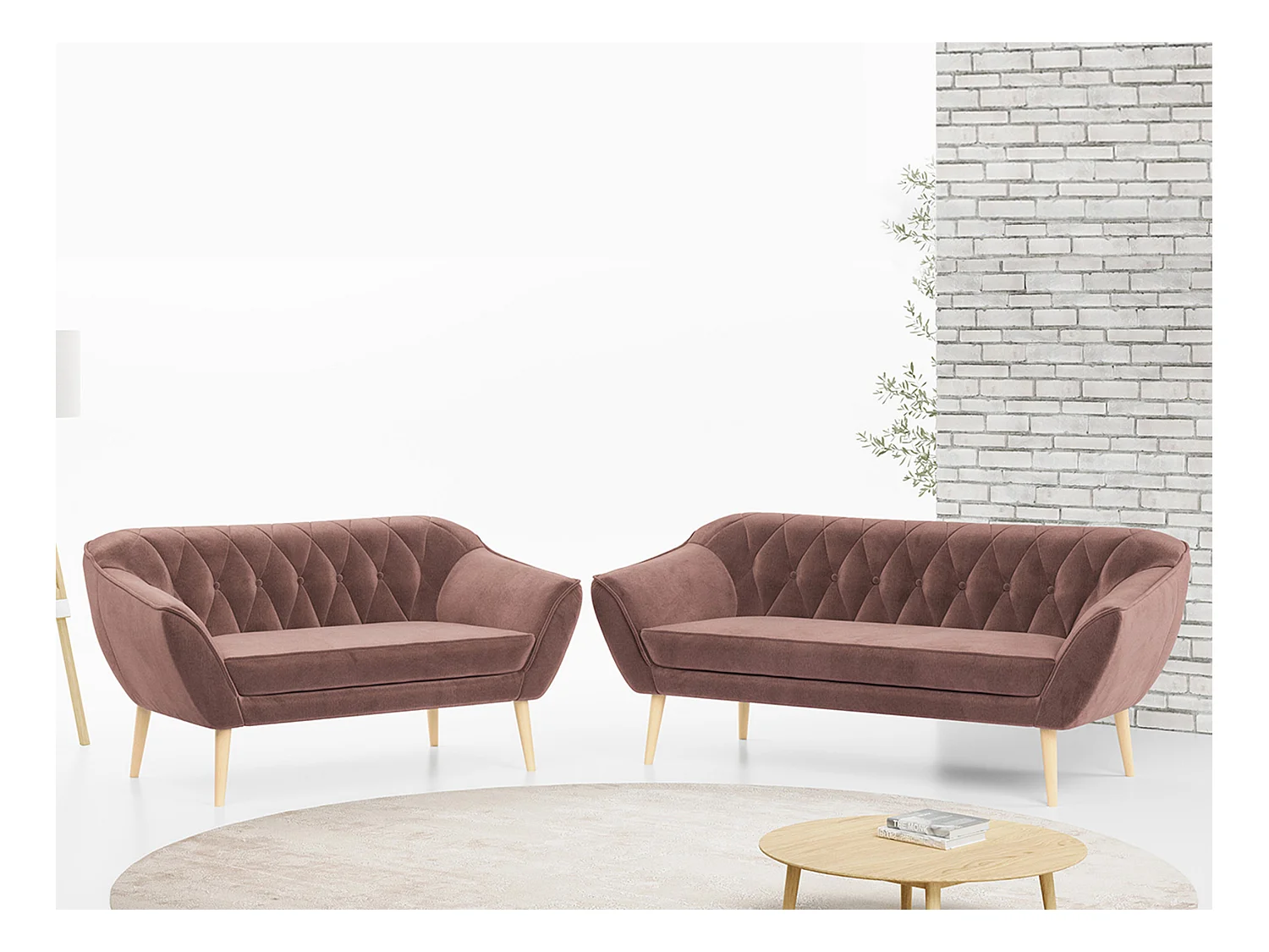 Couchgarnitur Set PIRS - 3+2, Skandinavischer Design, Holzbeine - Rosa Velvet