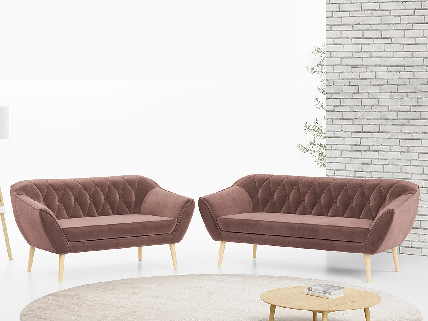 Couchgarnitur Set PIRS - 3+2, Skandinavischer Design, Holzbeine - Rosa Velvet