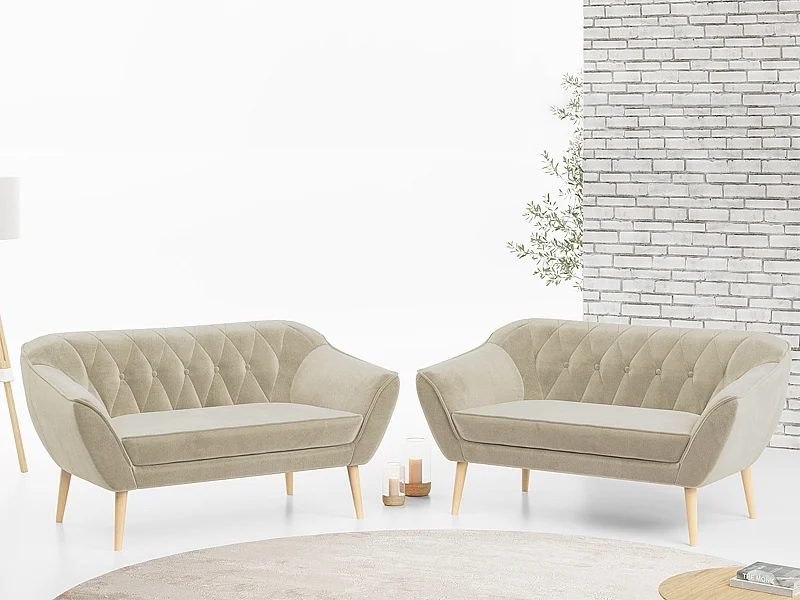 Couchgarnitur PIRS - 2+2, Skandinavischer Set mit Armlehnen, Holzbeine - Beige Velvet