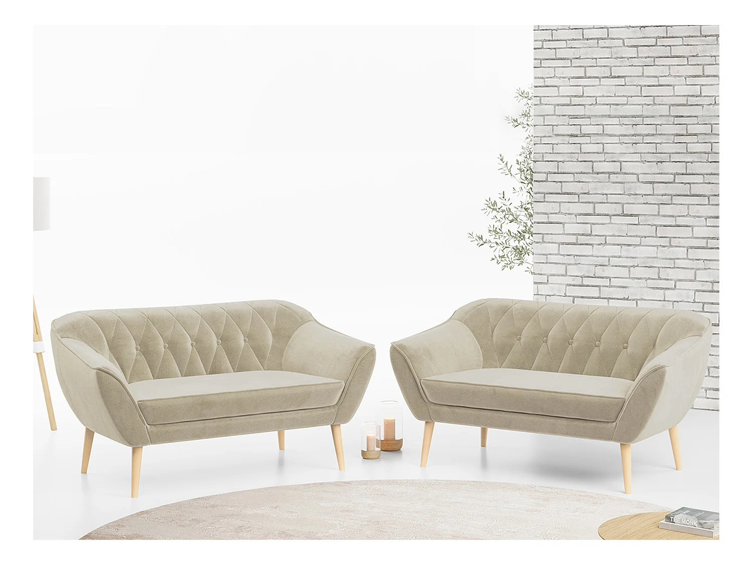 Couchgarnitur PIRS - 2+2, Skandinavischer Set mit Armlehnen, Holzbeine - Beige Velvet