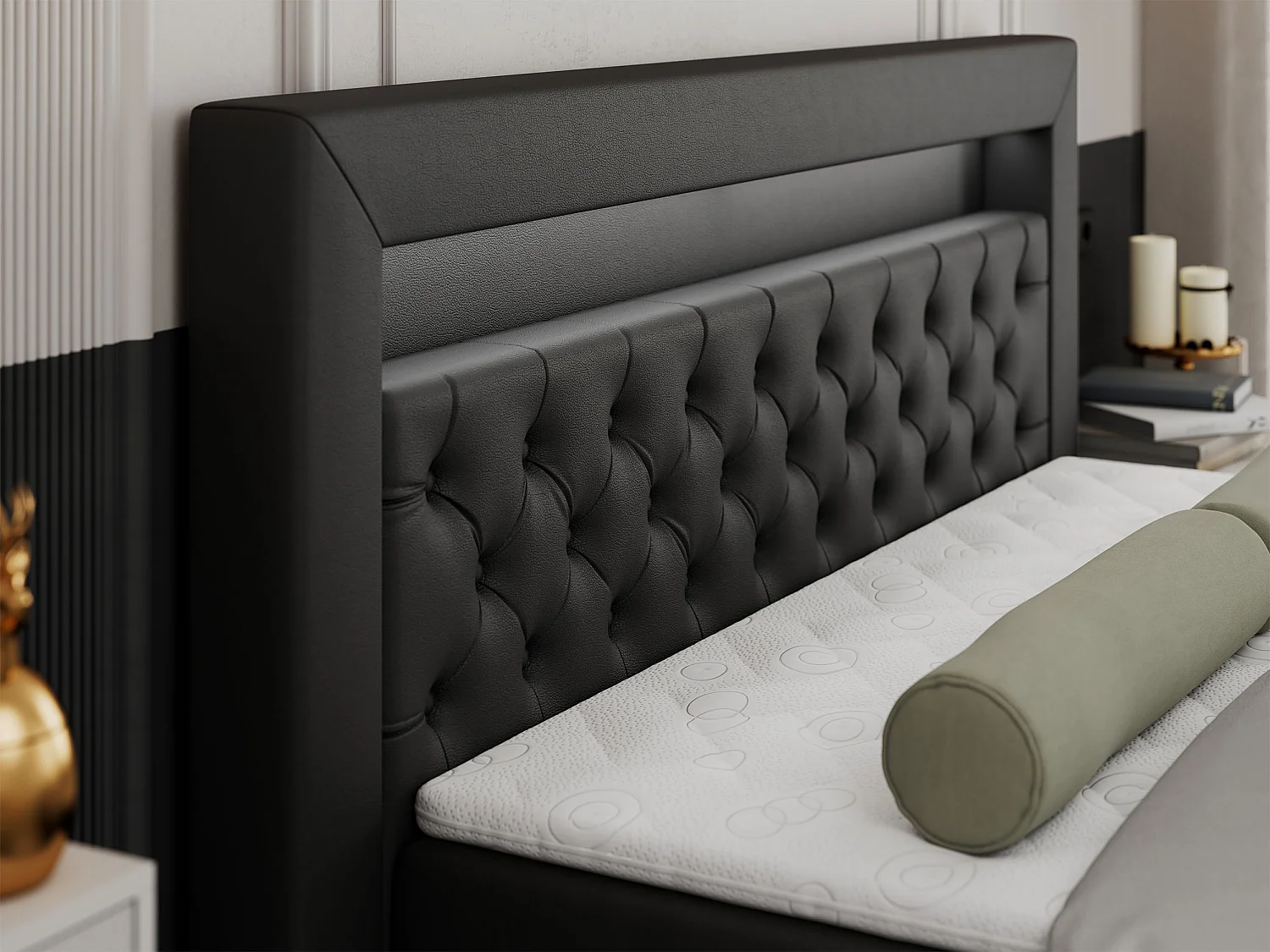 Boxspringbett GOLD 9 mit Stauraum, Multipocket-Matratze, gestepptes Bett, LED Beleuchtung - 200x200 cm - H4 - Schwarz Kunstleder