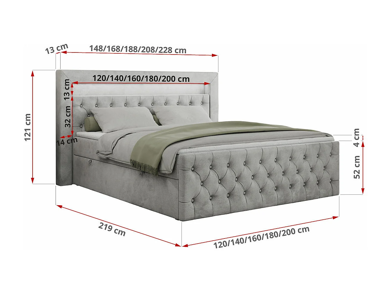 Boxspringbett GOLD 9 mit Stauraum, Multipocket-Matratze, gestepptes Bett, LED Beleuchtung - 140x200 cm - H3 - Hellgrau Velvet