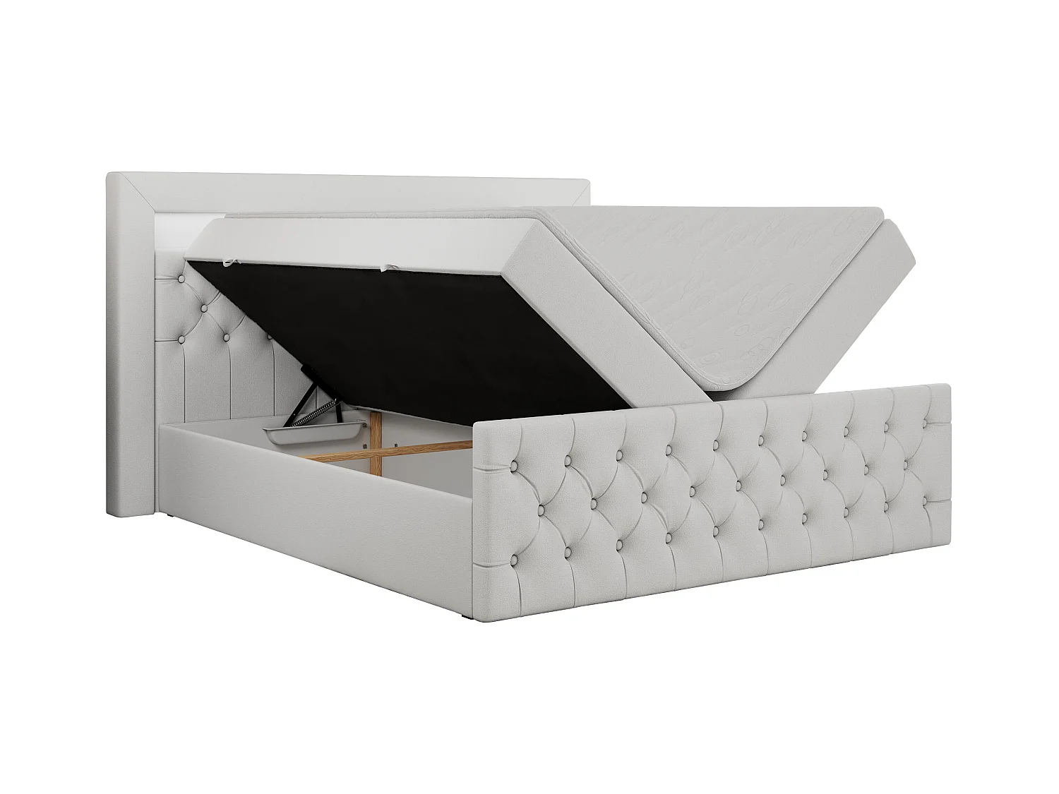 Boxspringbett GOLD 9 mit Stauraum, Multipocket-Matratze, gestepptes Bett, LED Beleuchtung - 160x200 cm - H3 - Weiß Kunstleder