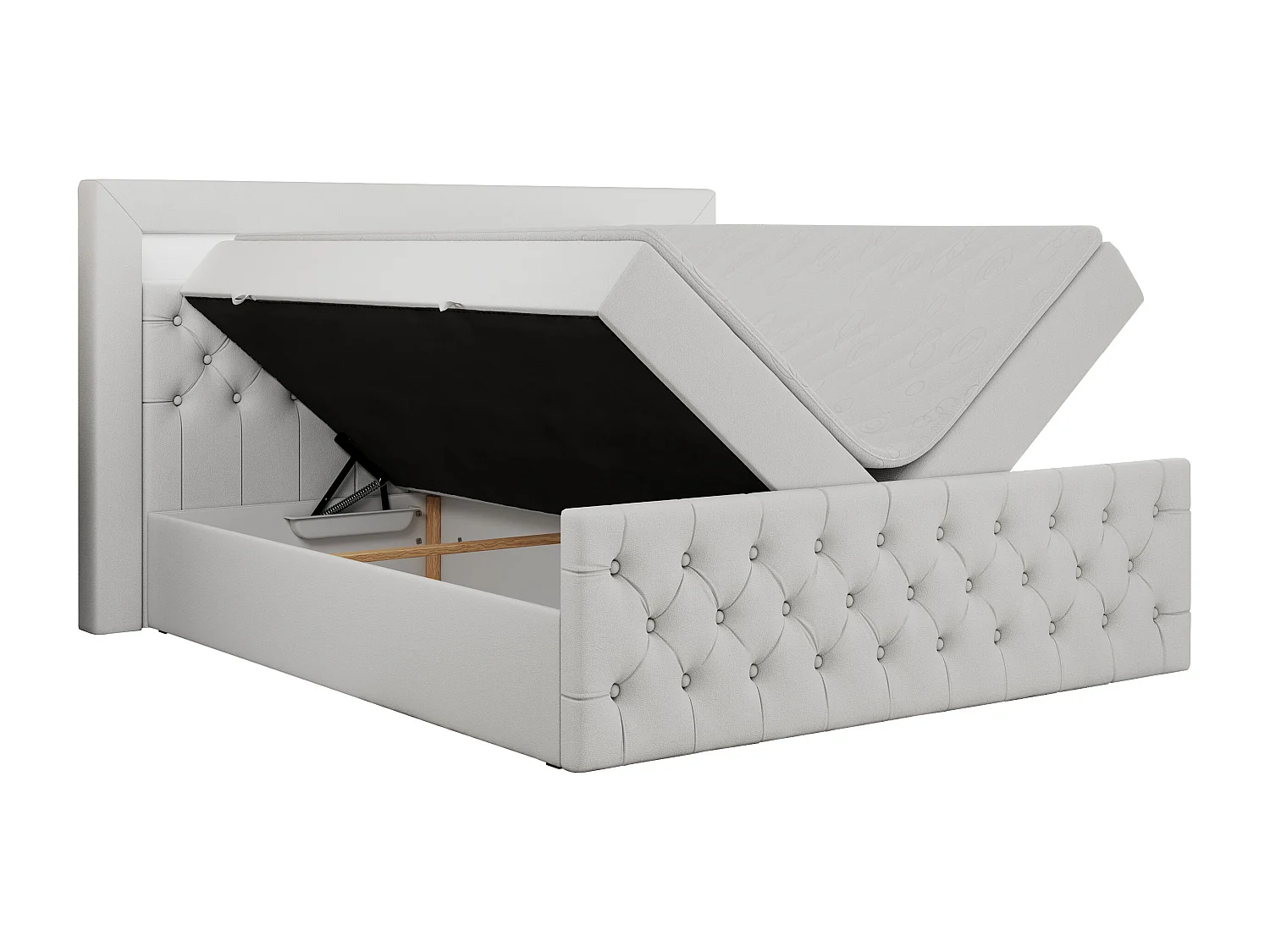 Boxspringbett GOLD 9 mit Stauraum, Multipocket-Matratze, gestepptes Bett, LED Beleuchtung - 160x200 cm - H3 - Weiß Kunstleder