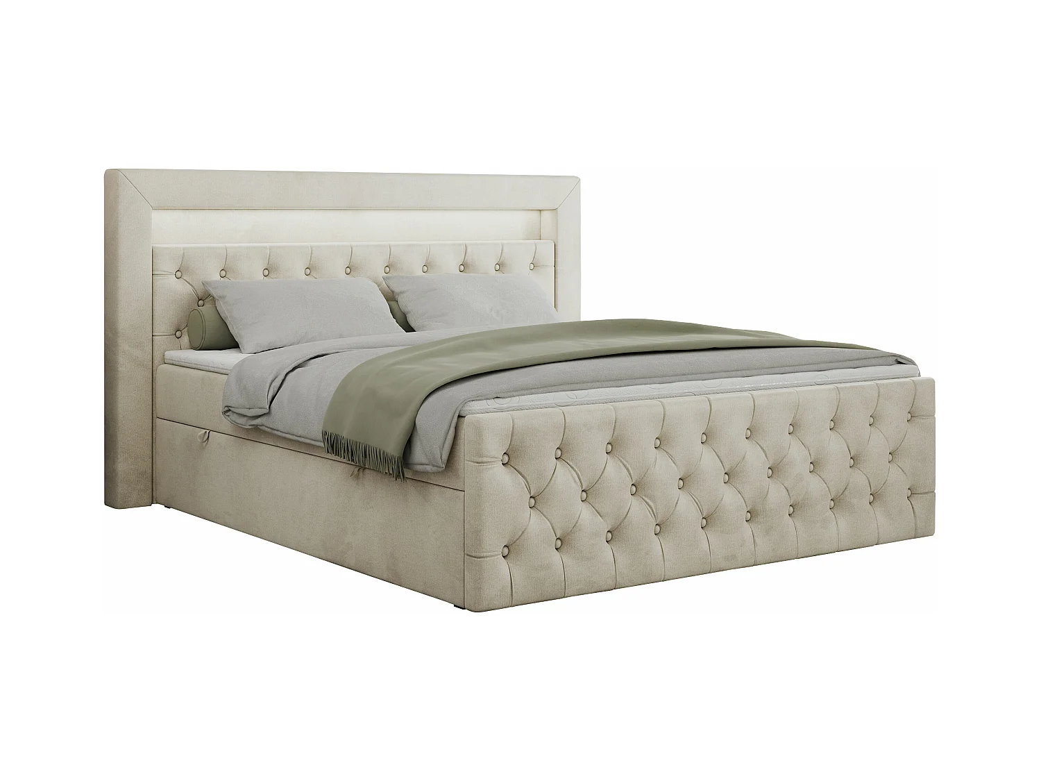 Boxspringbett GOLD 9 mit Stauraum, Multipocket-Matratze, gestepptes Bett, LED Beleuchtung - 200x200 cm - H4 - Beige Velvet