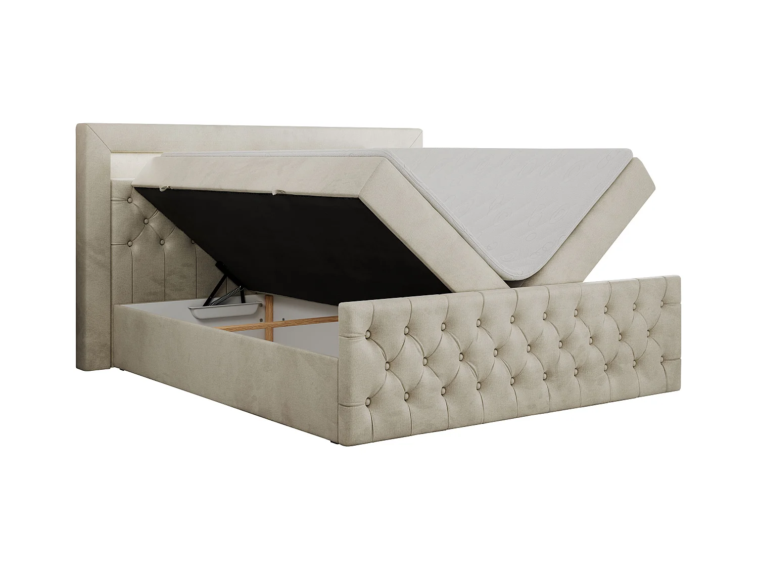 Boxspringbett GOLD 9 mit Stauraum, Multipocket-Matratze, gestepptes Bett, LED Beleuchtung - 200x200 cm - H4 - Beige Velvet