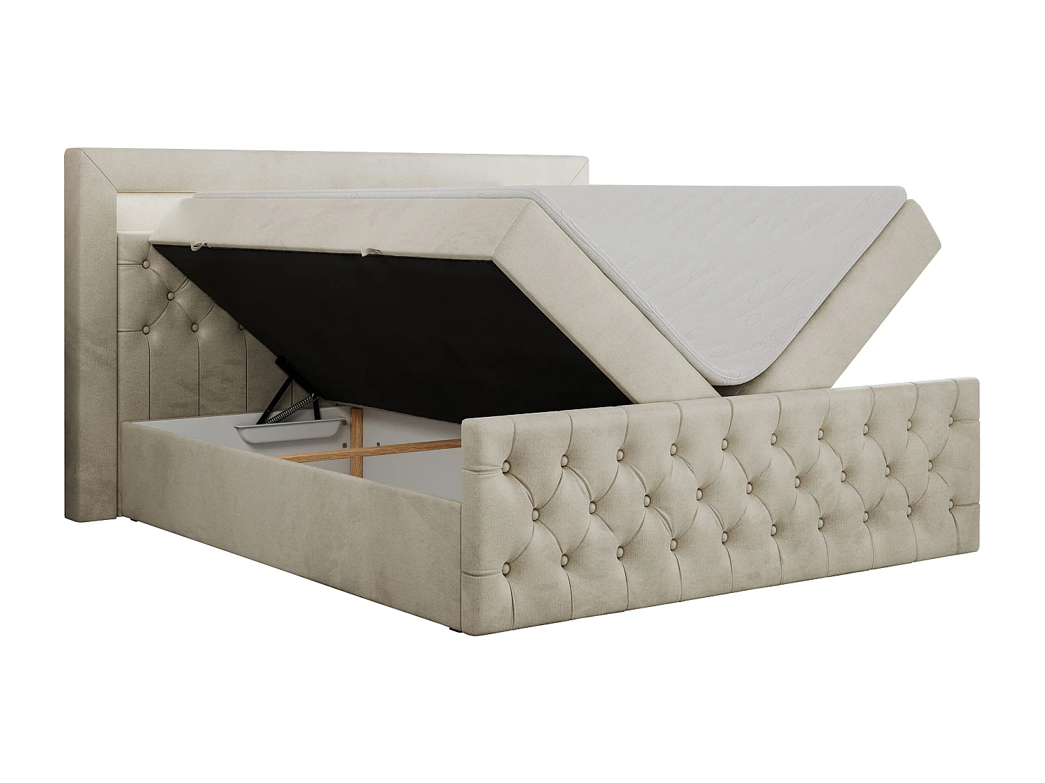 Boxspringbett GOLD 9 mit Stauraum, Multipocket-Matratze, gestepptes Bett, LED Beleuchtung - 200x200 cm - H4 - Beige Velvet