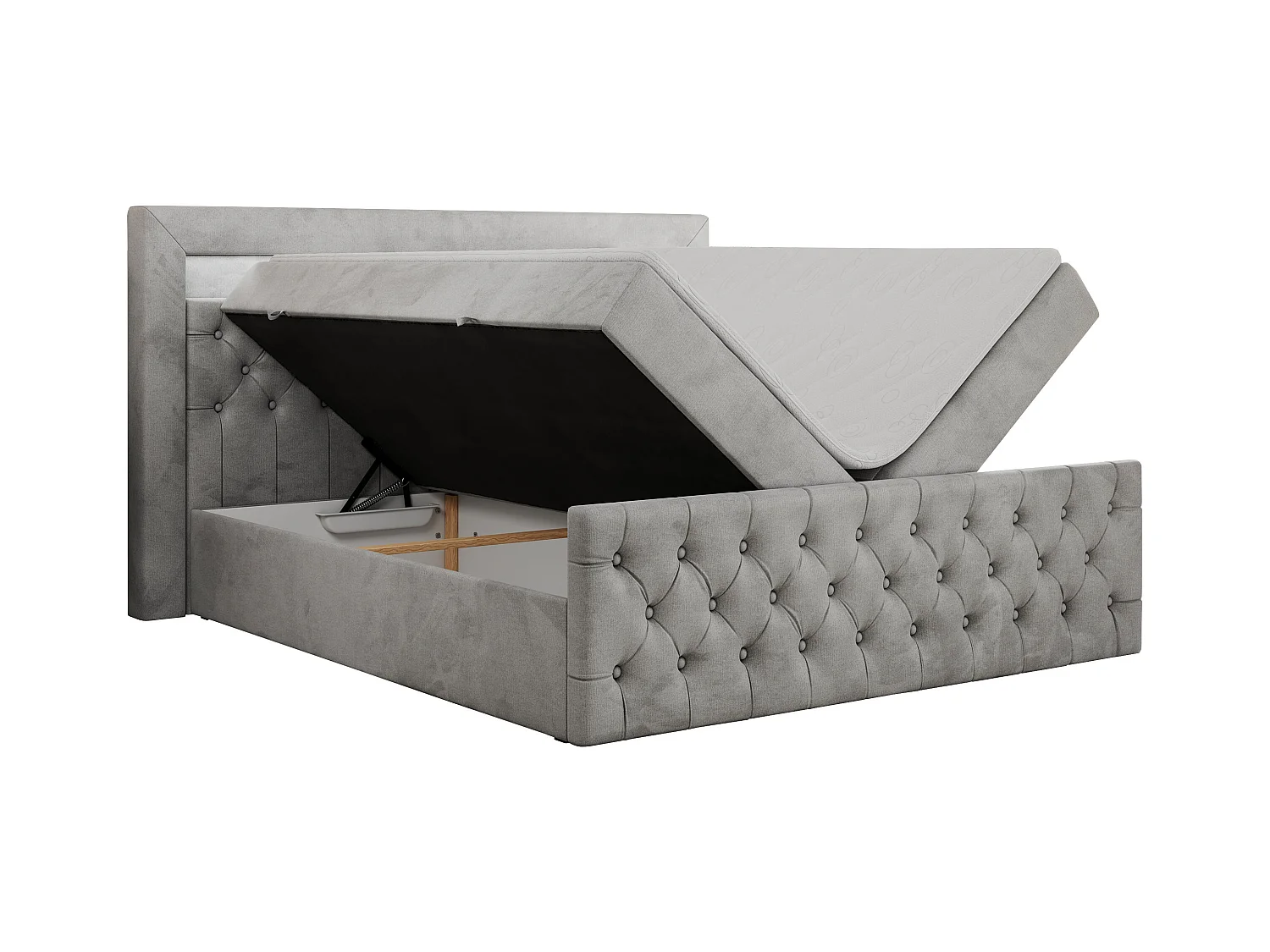 Boxspringbett GOLD 9 mit Stauraum, Multipocket-Matratze, gestepptes Bett, LED Beleuchtung - 120x200 cm - H4 - Hellgrau Velvet