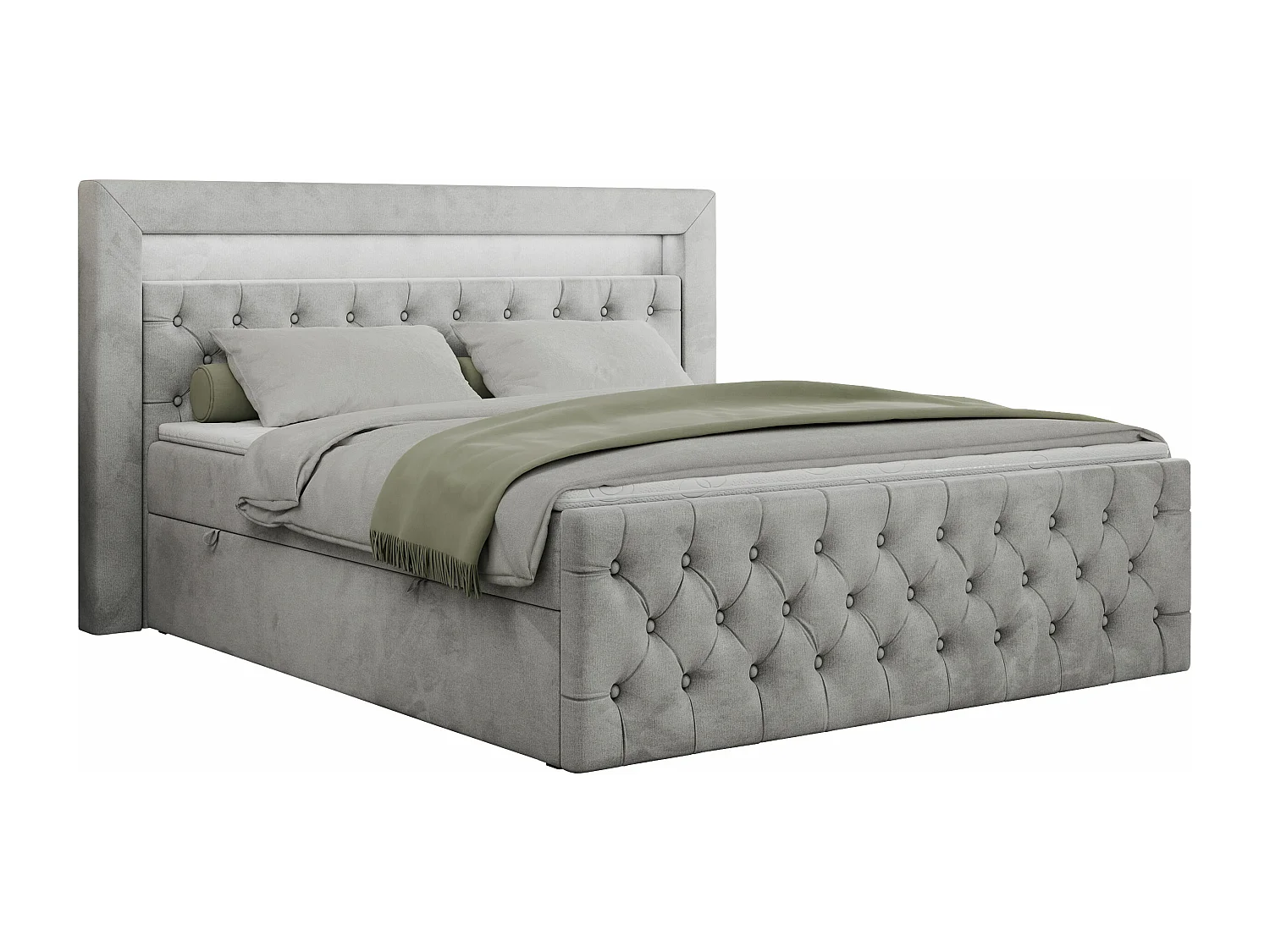 Boxspringbett GOLD 9 mit Stauraum, Multipocket-Matratze, gestepptes Bett, LED Beleuchtung - 120x200 cm - H4 - Hellgrau Velvet