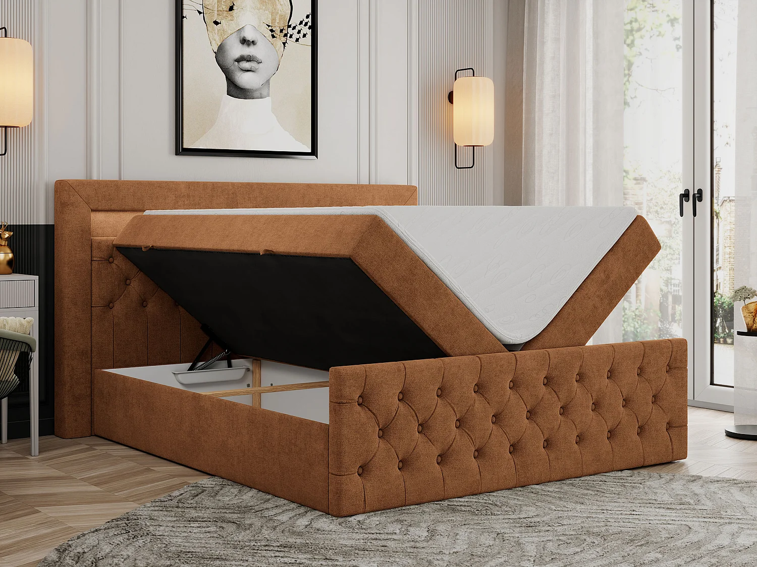 Boxspringbett GOLD 9 mit Stauraum, Multipocket-Matratze, gestepptes Bett, LED Beleuchtung - 180x200 cm - H3 - Orange Strukture