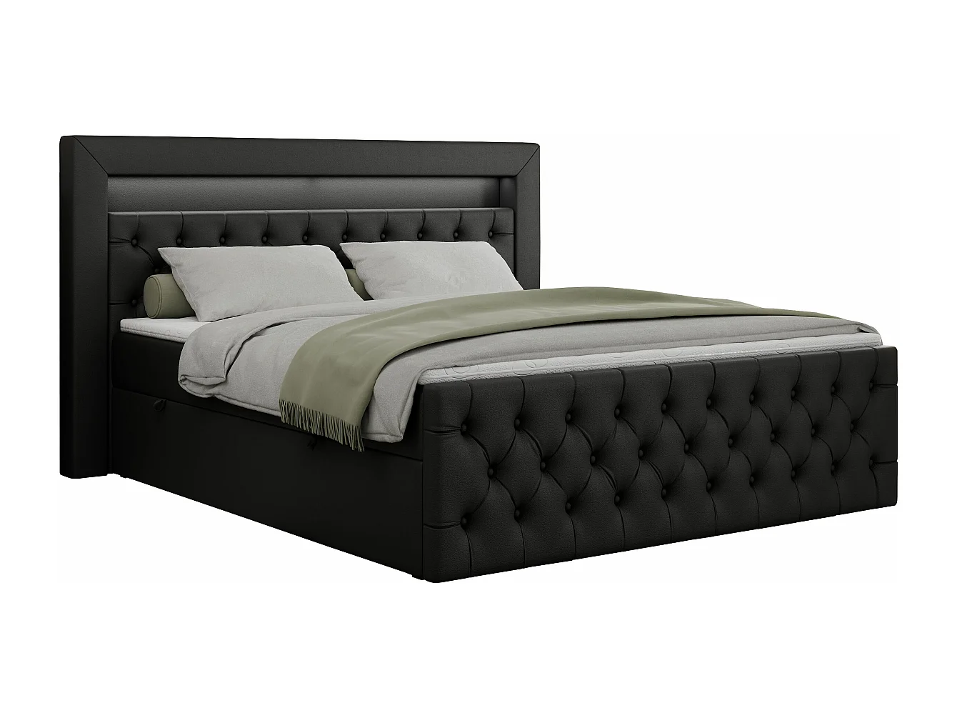 Boxspringbett GOLD 9 mit Stauraum, Multipocket-Matratze, gestepptes Bett, LED Beleuchtung - 120x200 cm - H4 - Schwarz Kunstleder