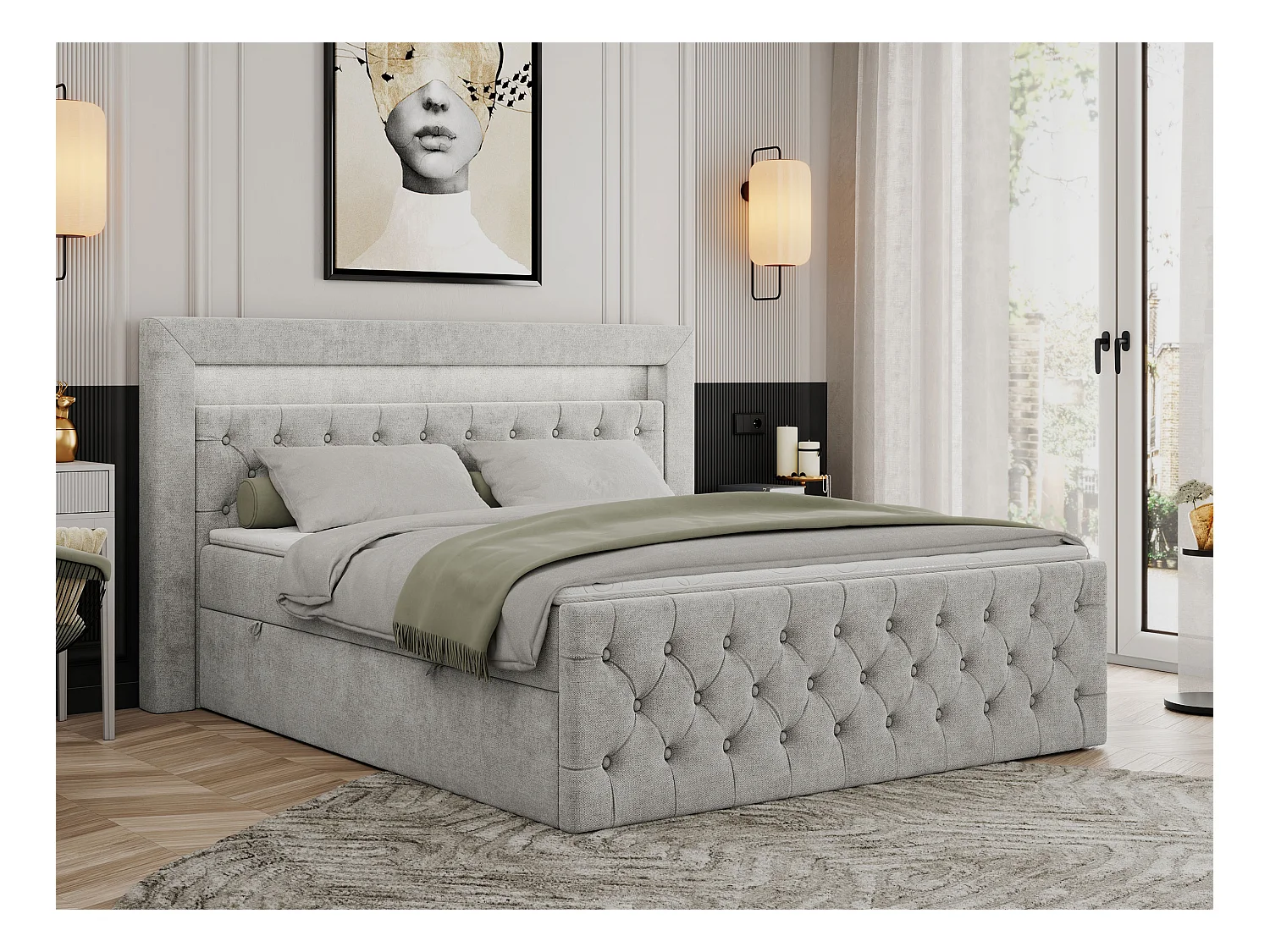 Boxspringbett GOLD 9 mit Stauraum, Multipocket-Matratze, gestepptes Bett, LED Beleuchtung - 160x200 cm - H3 - Hellgrau Strukture