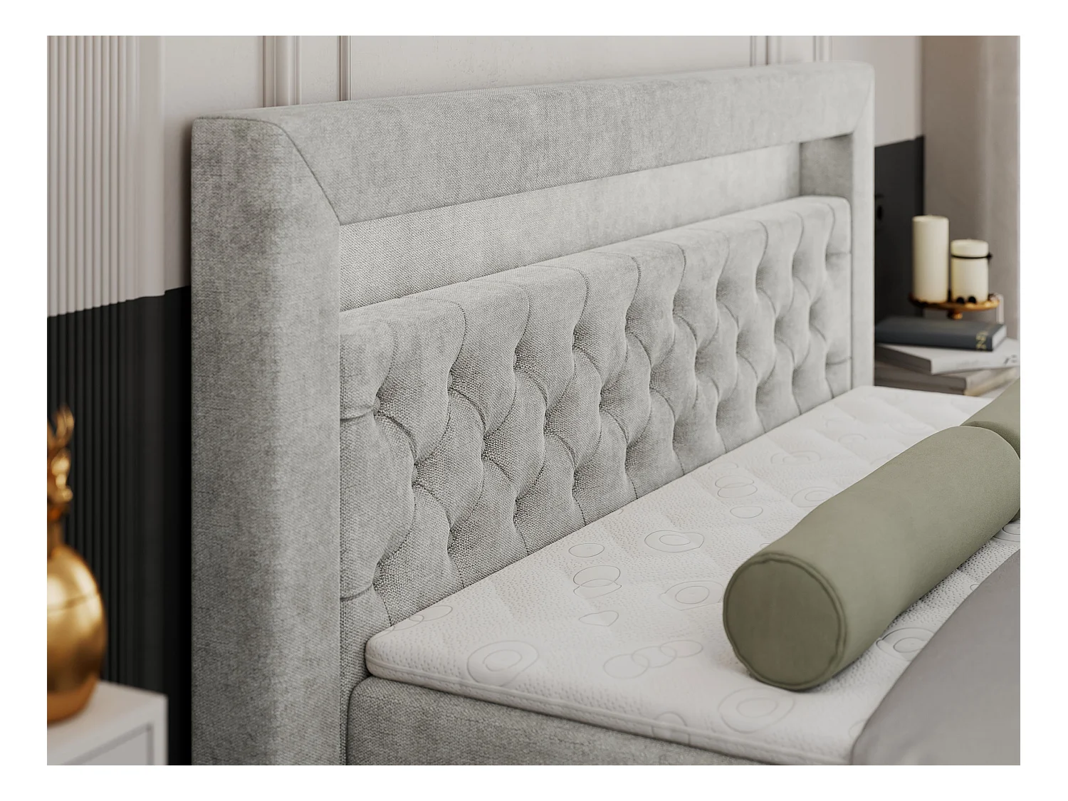 Boxspringbett GOLD 9 mit Stauraum, Multipocket-Matratze, gestepptes Bett, LED Beleuchtung - 160x200 cm - H3 - Hellgrau Strukture