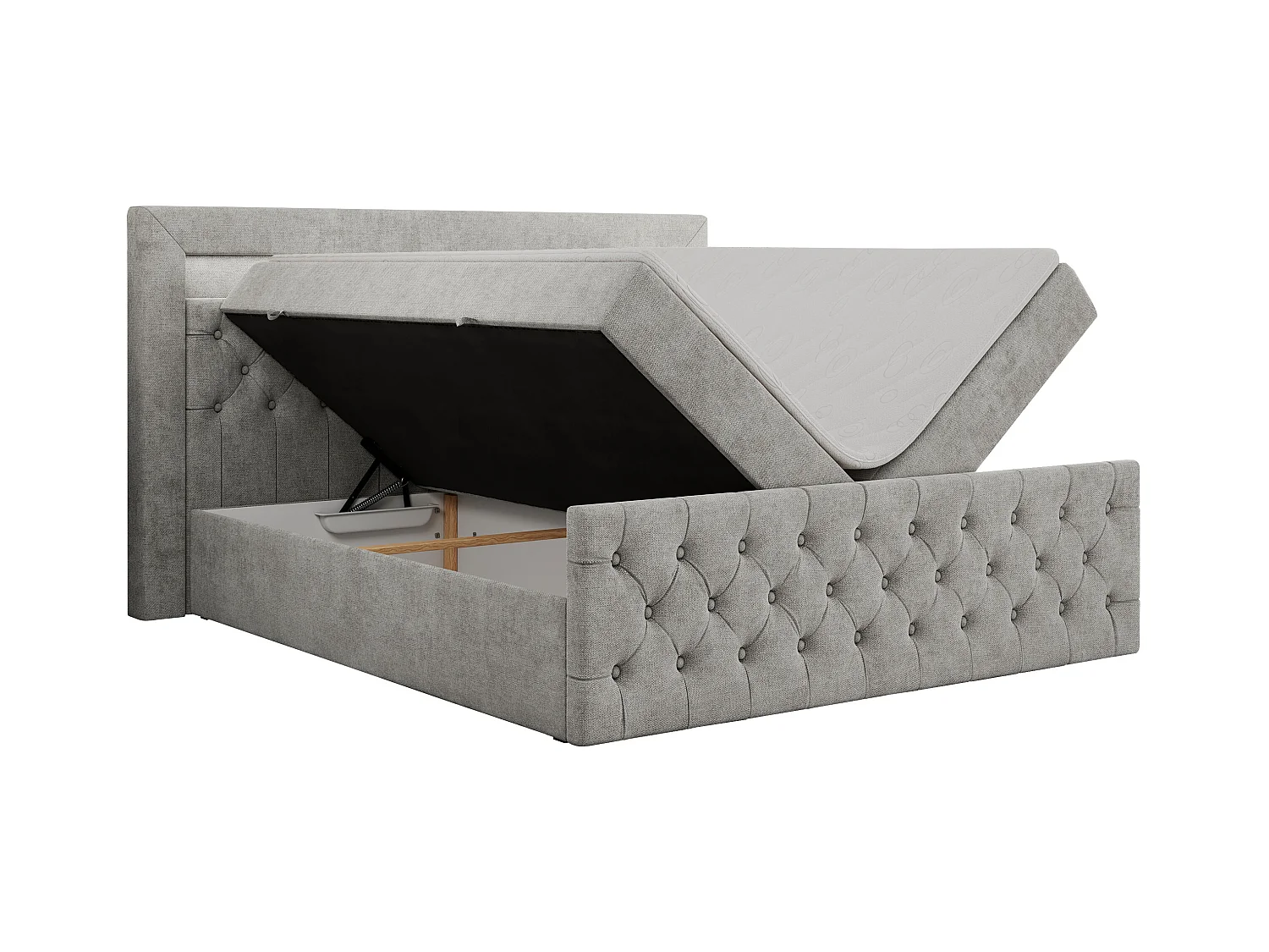 Boxspringbett GOLD 9 mit Stauraum, Multipocket-Matratze, gestepptes Bett, LED Beleuchtung - 160x200 cm - H3 - Hellgrau Strukture
