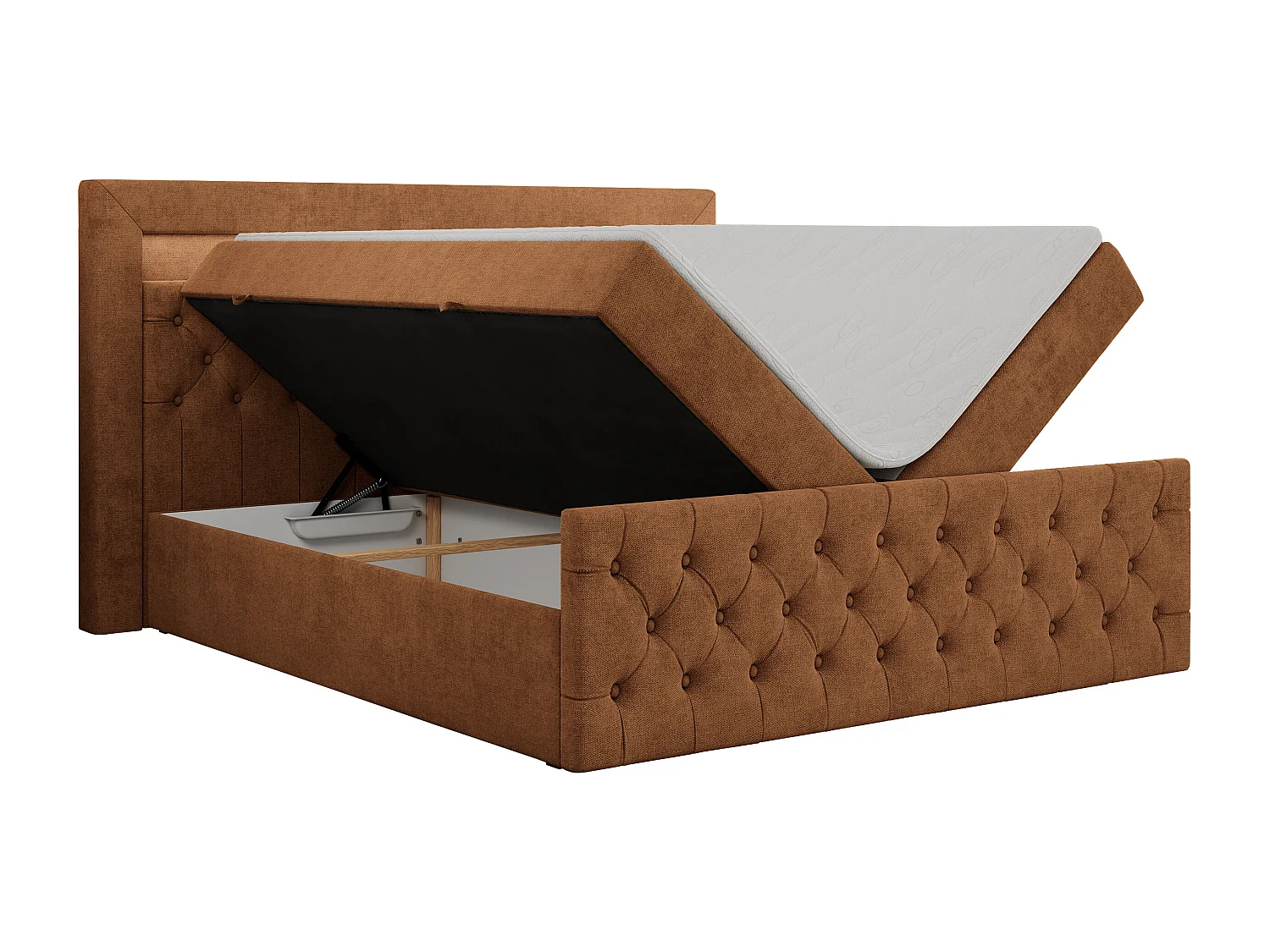 Boxspringbett GOLD 9 mit Stauraum, Multipocket-Matratze, gestepptes Bett, LED Beleuchtung - 140x200 cm - H4 - Orange Strukture