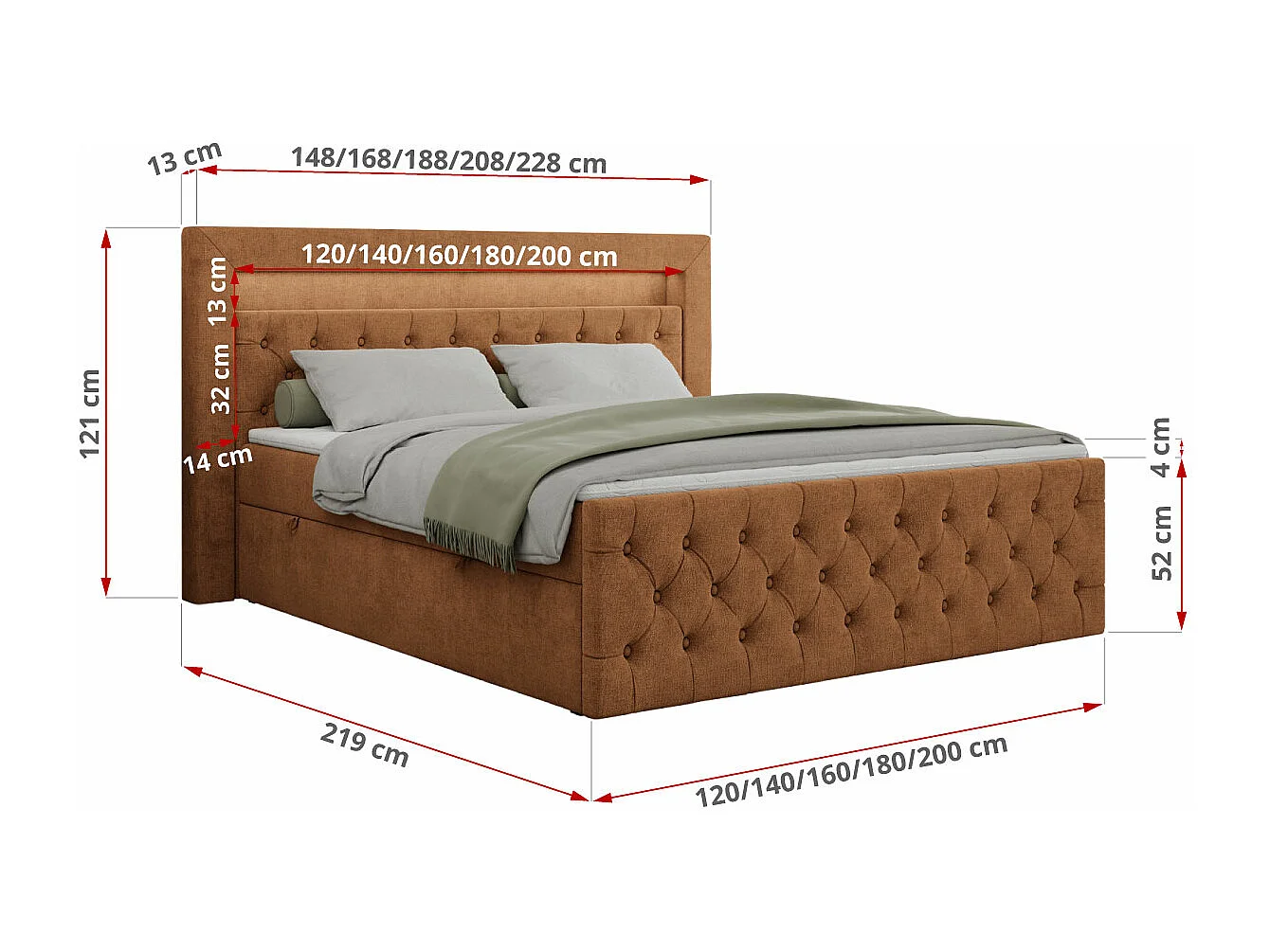 Boxspringbett GOLD 9 mit Stauraum, Multipocket-Matratze, gestepptes Bett, LED Beleuchtung - 140x200 cm - H4 - Orange Strukture