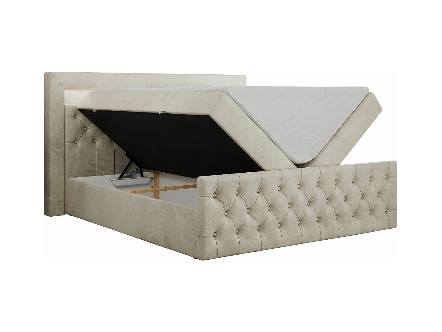 Boxspringbett GOLD 9 mit Stauraum, Multipocket-Matratze, gestepptes Bett, LED Beleuchtung - 160x200 cm - H4 - Beige Velvet