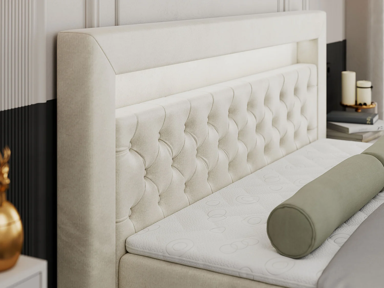 Boxspringbett GOLD 9 mit Stauraum, Multipocket-Matratze, gestepptes Bett, LED Beleuchtung - 160x200 cm - H4 - Beige Velvet