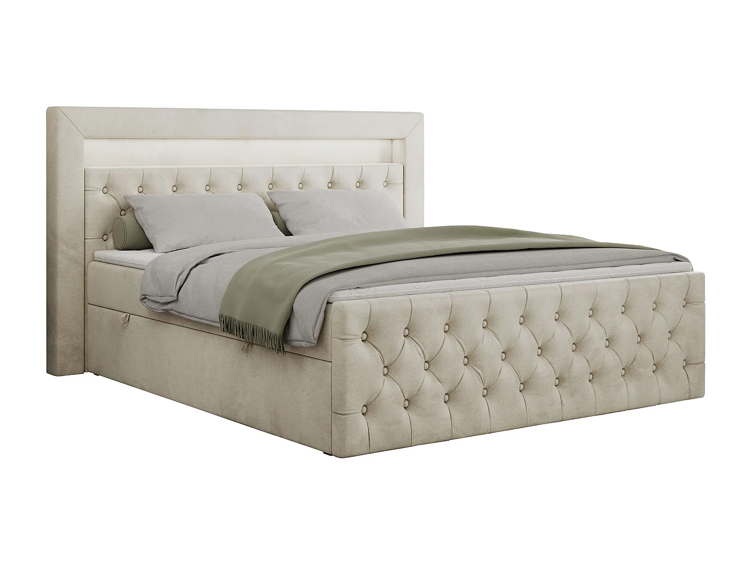 Boxspringbett GOLD 9 mit Stauraum, Multipocket-Matratze, gestepptes Bett, LED Beleuchtung - 160x200 cm - H4 - Beige Velvet