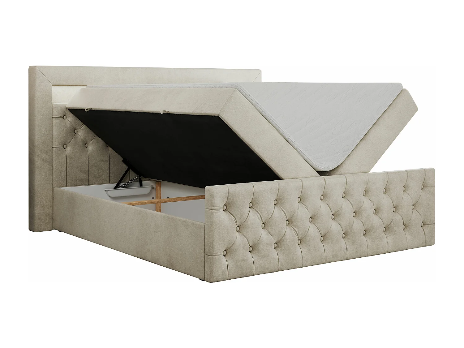 Boxspringbett GOLD 9 mit Stauraum, Multipocket-Matratze, gestepptes Bett, LED Beleuchtung - 160x200 cm - H4 - Beige Velvet