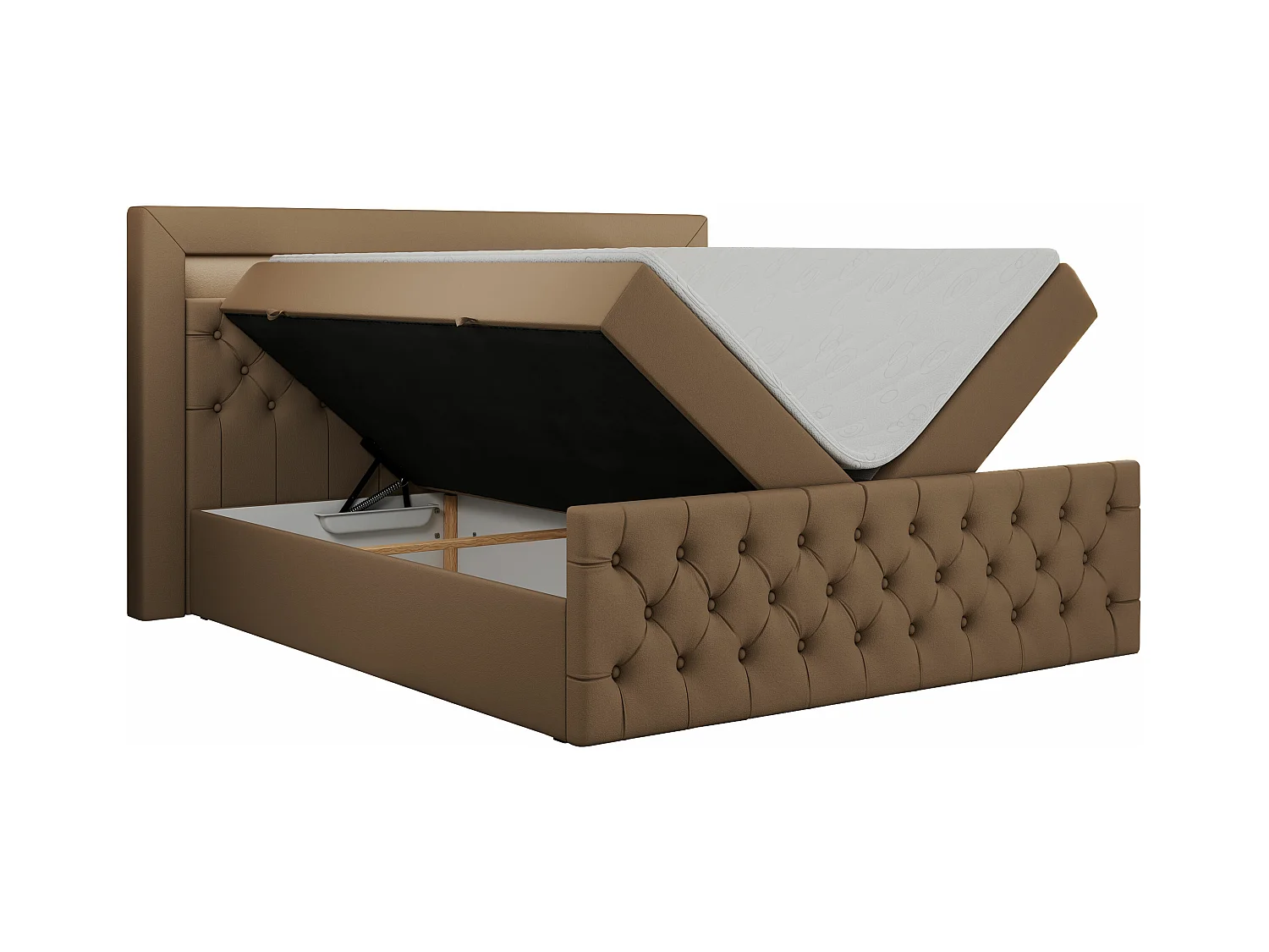 Boxspringbett GOLD 9 mit Stauraum, Multipocket-Matratze, gestepptes Bett, LED Beleuchtung - 120x200 cm - H3 - Braun Kunstleder