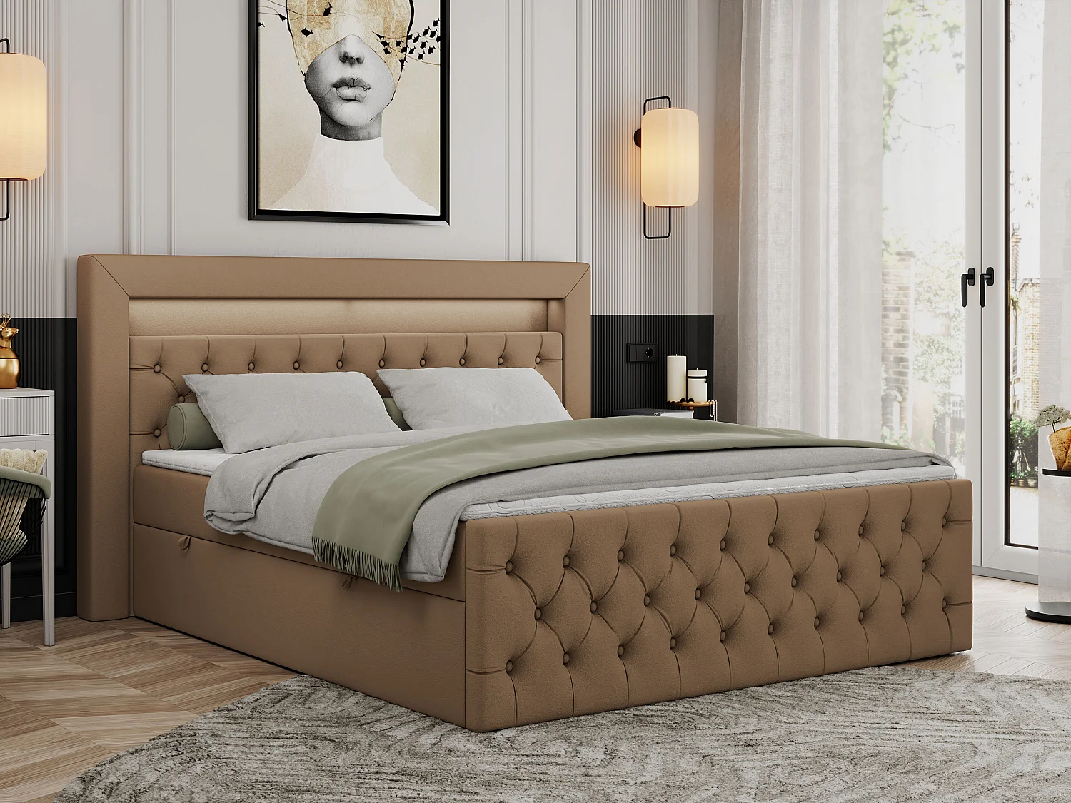 Boxspringbett GOLD 9 mit Stauraum, Multipocket-Matratze, gestepptes Bett, LED Beleuchtung - 120x200 cm - H3 - Braun Kunstleder