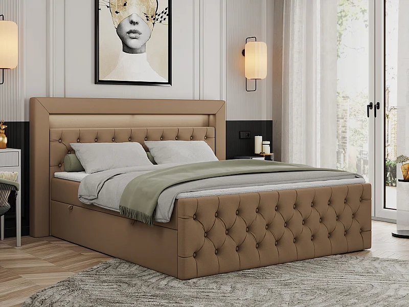 Boxspringbett GOLD 9 mit Stauraum, Multipocket-Matratze, gestepptes Bett, LED Beleuchtung - 120x200 cm - H3 - Braun Kunstleder