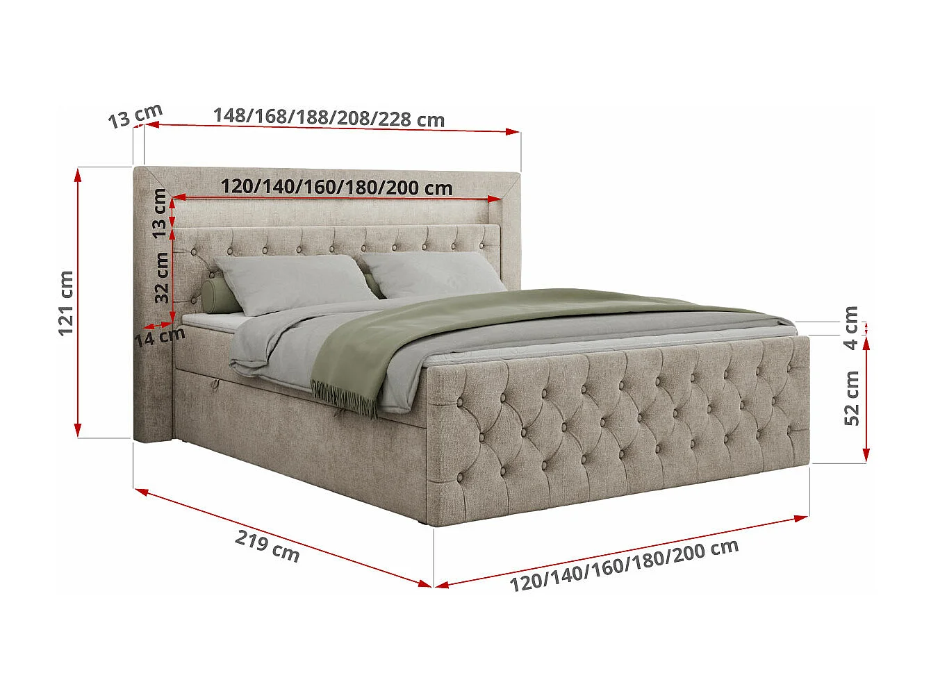 Boxspringbett GOLD 9 mit Stauraum, Multipocket-Matratze, gestepptes Bett, LED Beleuchtung - 140x200 cm - H4 - Beige Strukture