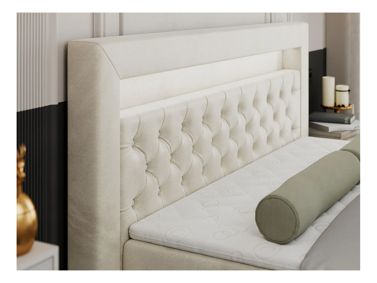 Boxspringbett GOLD 9 mit Stauraum, Multipocket-Matratze, gestepptes Bett, LED Beleuchtung - 180x200 cm - H4 - Beige Velvet