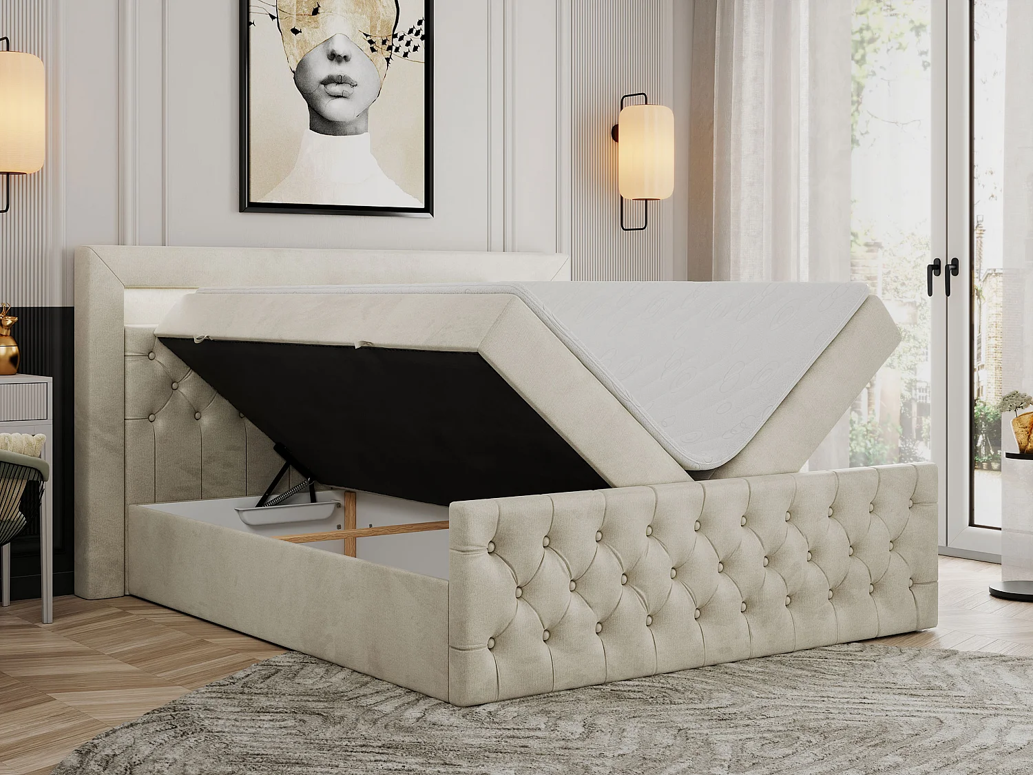 Boxspringbett GOLD 9 mit Stauraum, Multipocket-Matratze, gestepptes Bett, LED Beleuchtung - 180x200 cm - H4 - Beige Velvet