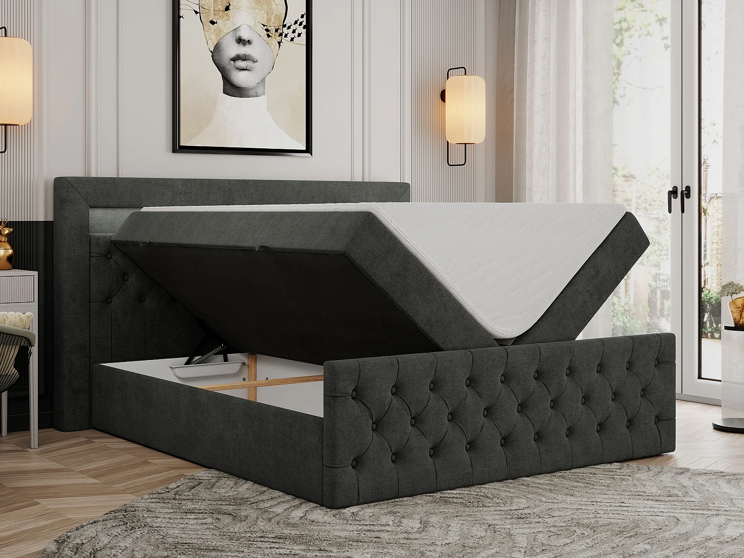 Boxspringbett GOLD 9 mit Stauraum, Multipocket-Matratze, gestepptes Bett, LED Beleuchtung - 140x200 cm - H4 - Dunkelgrau Strukture