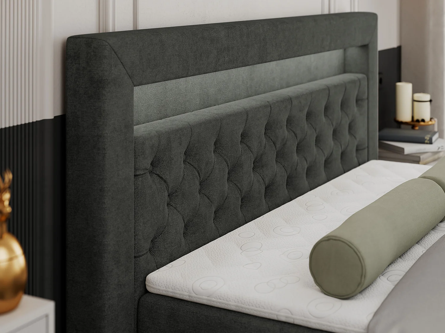 Boxspringbett GOLD 9 mit Stauraum, Multipocket-Matratze, gestepptes Bett, LED Beleuchtung - 140x200 cm - H4 - Dunkelgrau Strukture