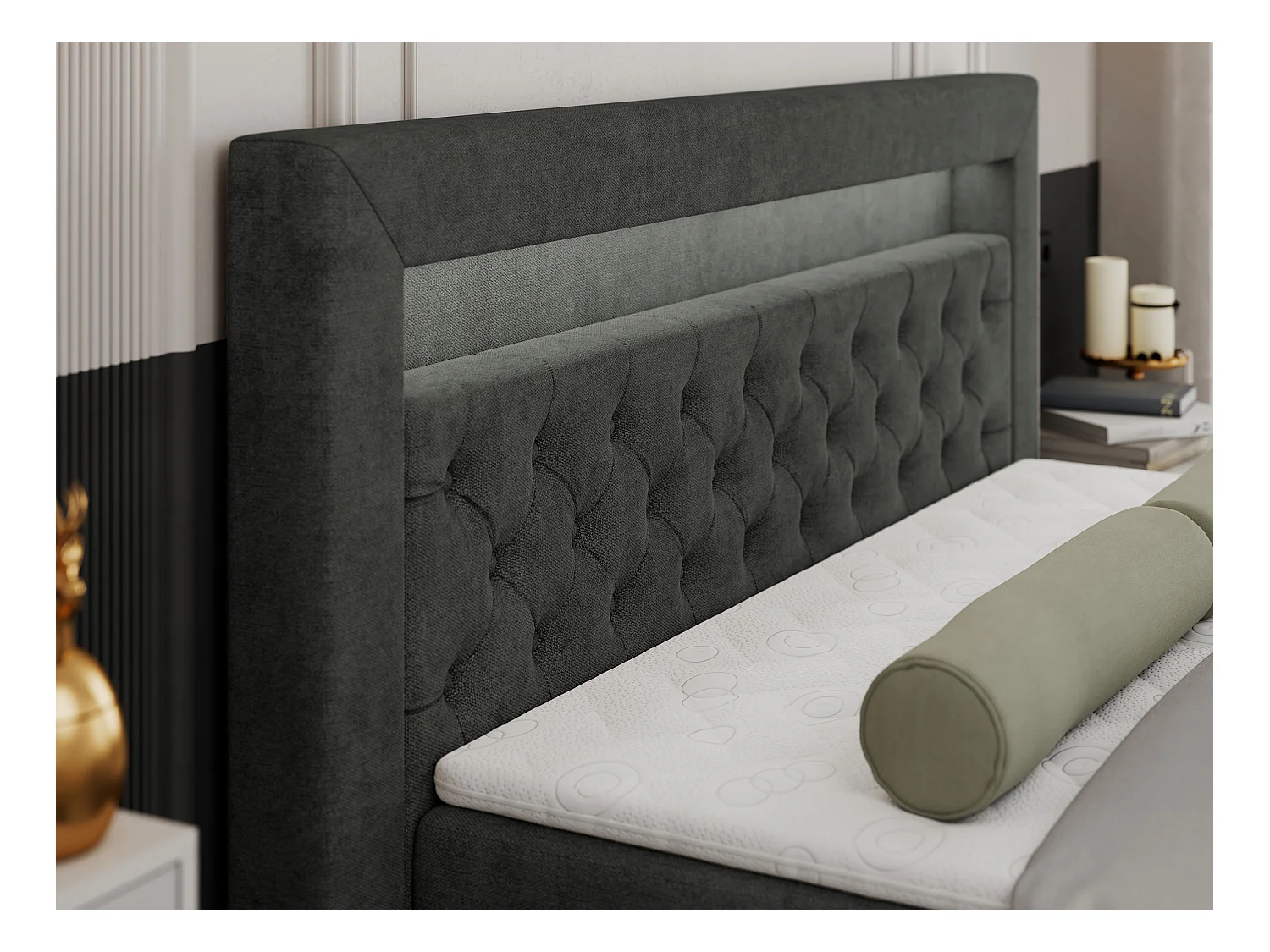 Boxspringbett GOLD 9 mit Stauraum, Multipocket-Matratze, gestepptes Bett, LED Beleuchtung - 180x200 cm - H3 - Dunkelgrau Strukture