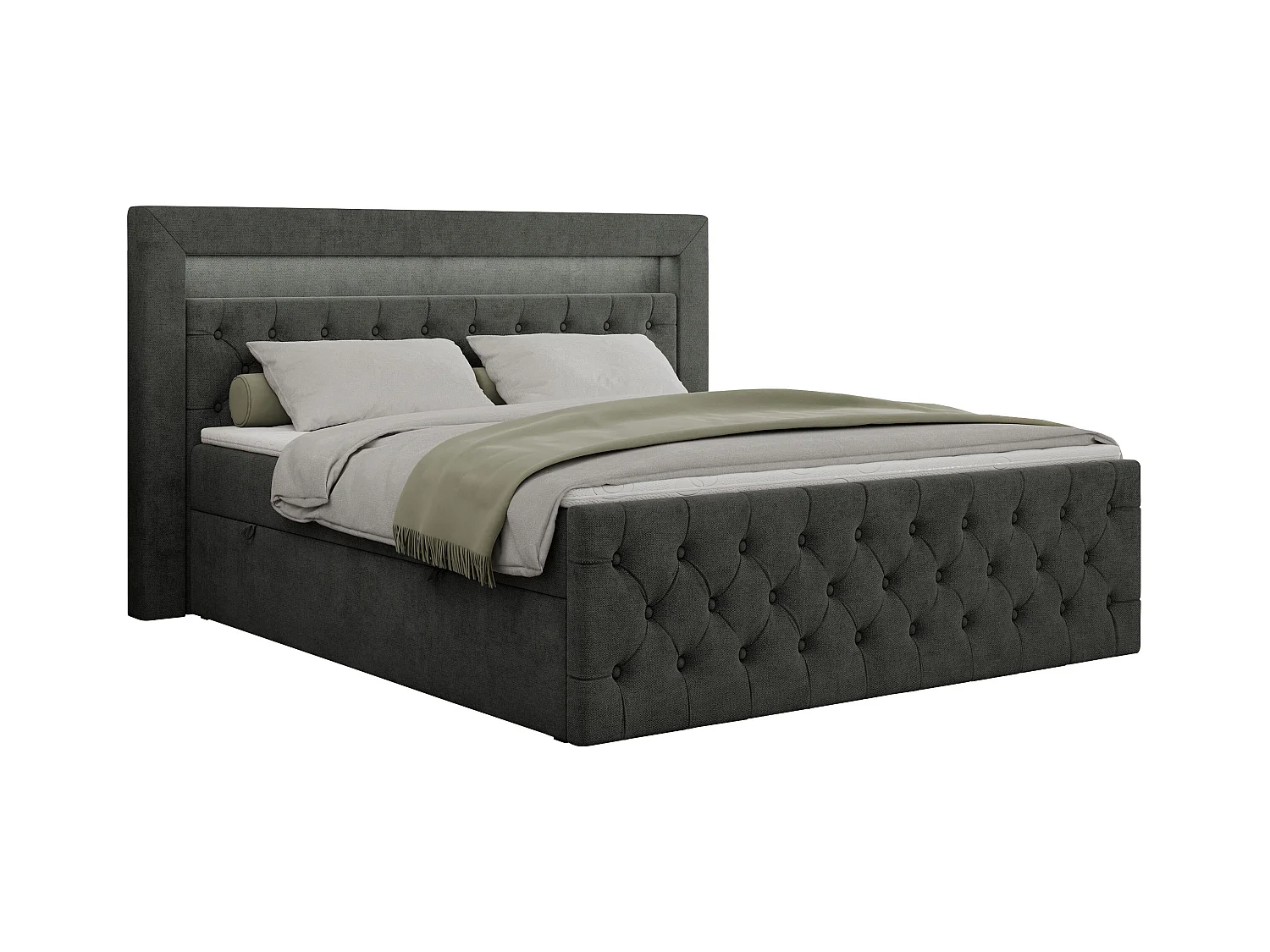 Boxspringbett GOLD 9 mit Stauraum, Multipocket-Matratze, gestepptes Bett, LED Beleuchtung - 180x200 cm - H3 - Dunkelgrau Strukture