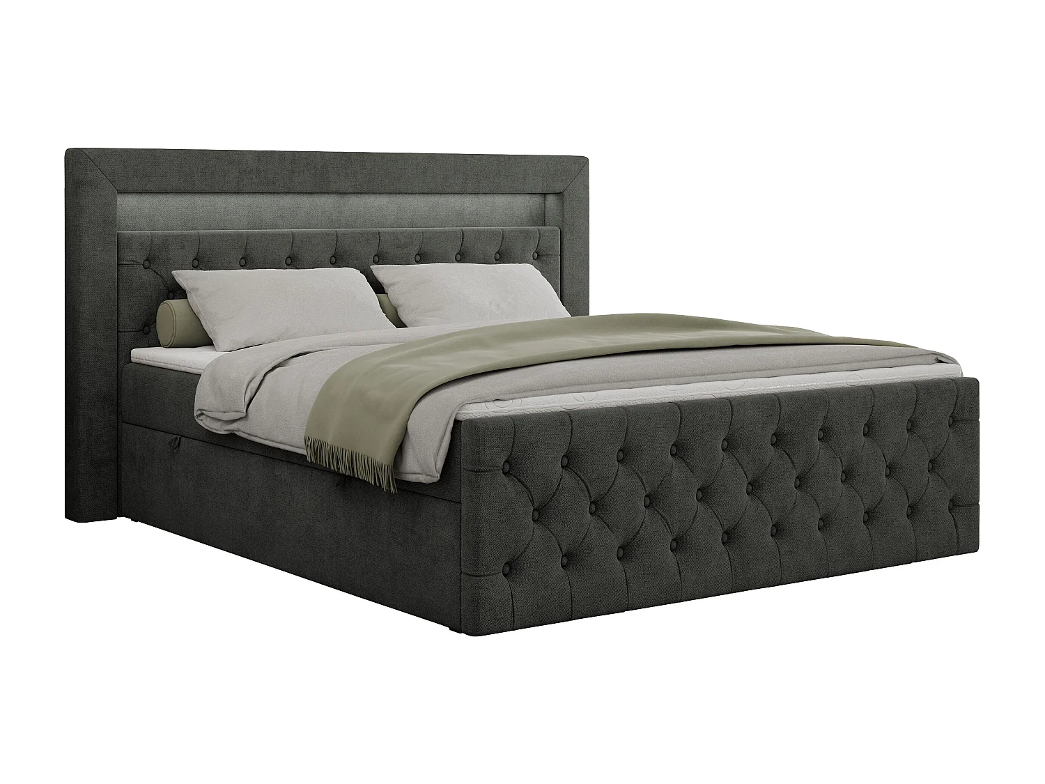 Boxspringbett GOLD 9 mit Stauraum, Multipocket-Matratze, gestepptes Bett, LED Beleuchtung - 180x200 cm - H3 - Dunkelgrau Strukture