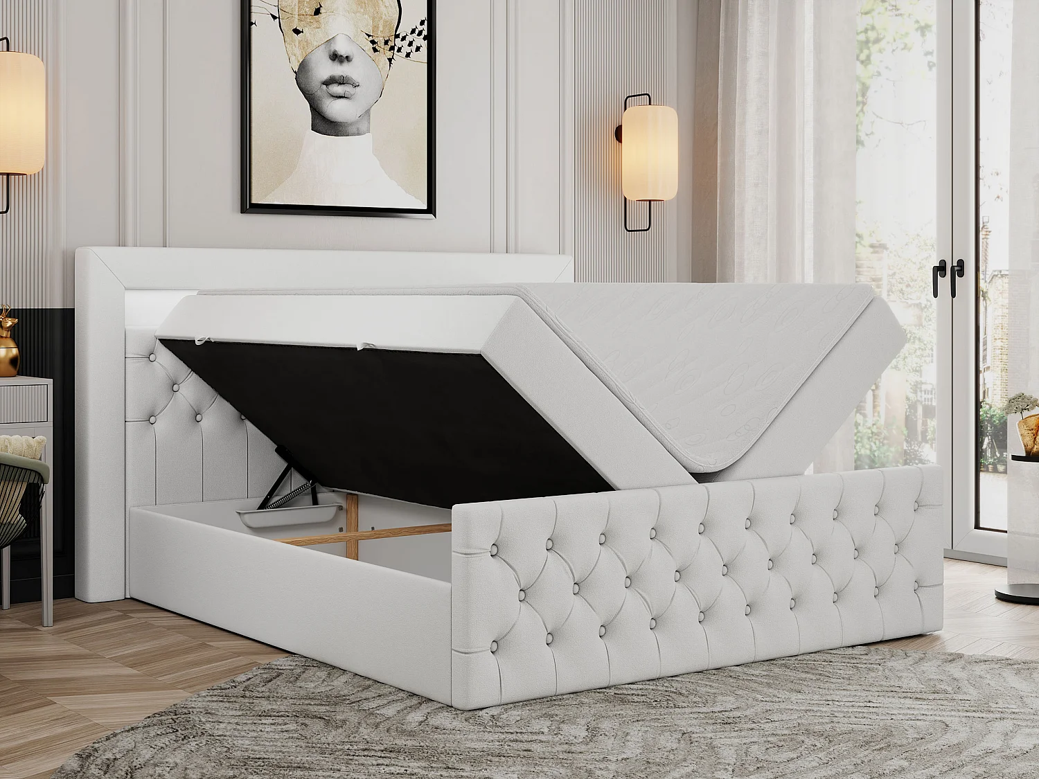 Boxspringbett GOLD 9 mit Stauraum, Multipocket-Matratze, gestepptes Bett, LED Beleuchtung - 140x200 cm - H4 - Weiß Kunstleder