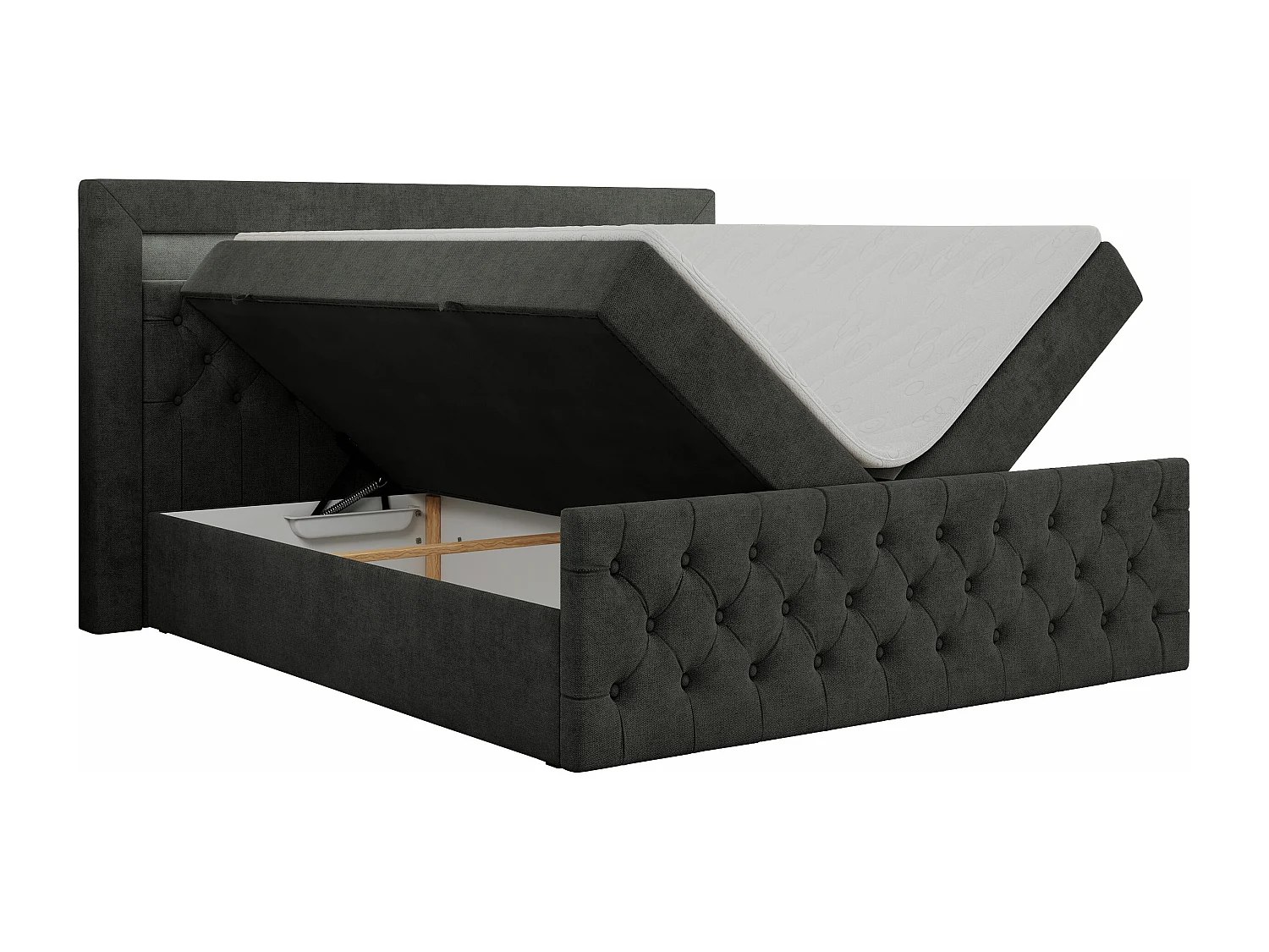 Boxspringbett GOLD 9 mit Stauraum, Multipocket-Matratze, gestepptes Bett, LED Beleuchtung - 140x200 cm - H3 - Dunkelgrau Strukture