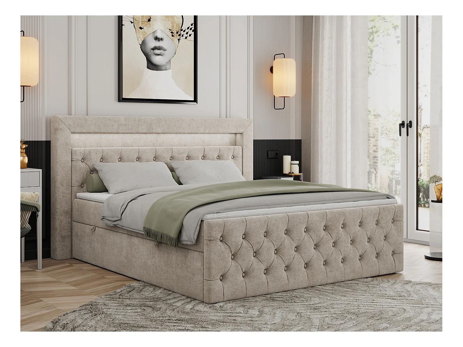 Boxspringbett GOLD 9 mit Stauraum, Multipocket-Matratze, gestepptes Bett, LED Beleuchtung - 160x200 cm - H4 - Beige Strukture