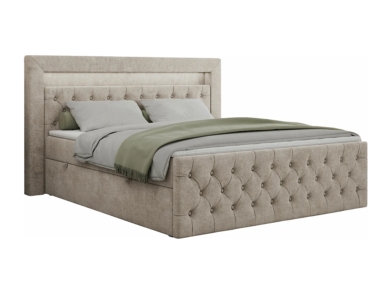 Boxspringbett GOLD 9 mit Stauraum, Multipocket-Matratze, gestepptes Bett, LED Beleuchtung - 160x200 cm - H4 - Beige Strukture