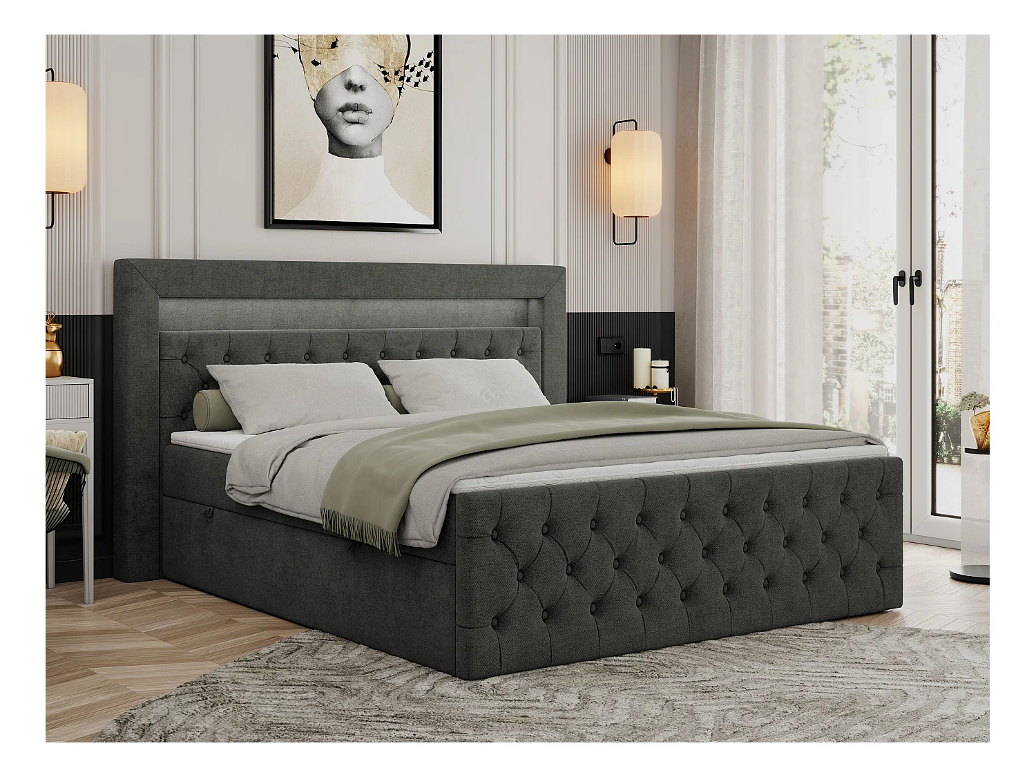 Boxspringbett GOLD 9 mit Stauraum, Multipocket-Matratze, gestepptes Bett, LED Beleuchtung - 160x200 cm - H3 - Dunkelgrau Strukture