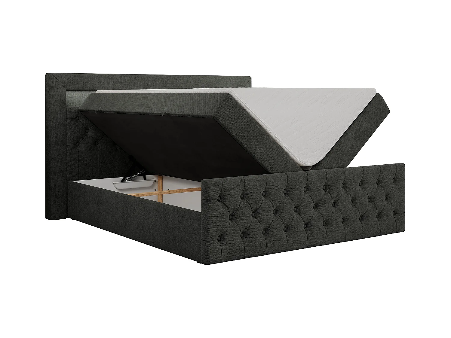 Boxspringbett GOLD 9 mit Stauraum, Multipocket-Matratze, gestepptes Bett, LED Beleuchtung - 160x200 cm - H3 - Dunkelgrau Strukture