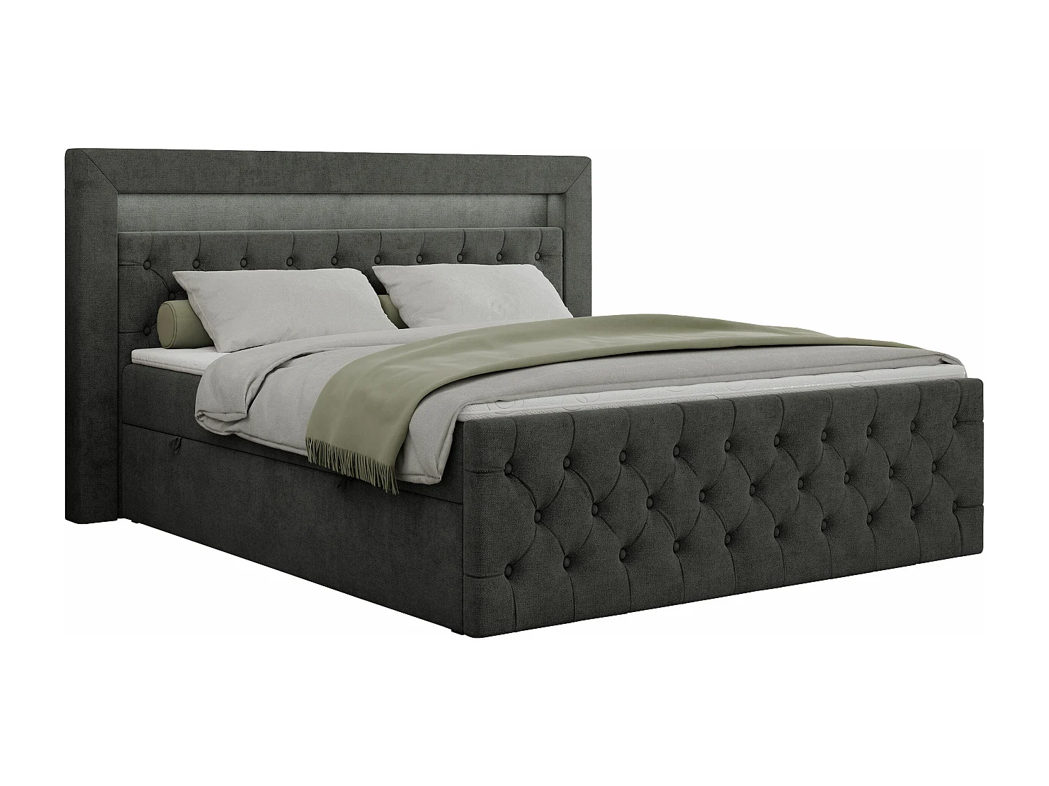 Boxspringbett GOLD 9 mit Stauraum, Multipocket-Matratze, gestepptes Bett, LED Beleuchtung - 160x200 cm - H3 - Dunkelgrau Strukture