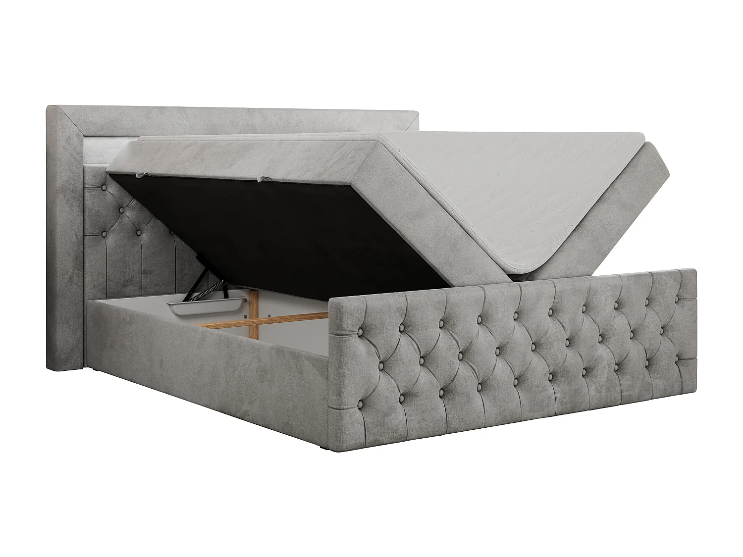 Boxspringbett GOLD 9 mit Stauraum, Multipocket-Matratze, gestepptes Bett, LED Beleuchtung - 180x200 cm - H3 - Hellgrau Velvet