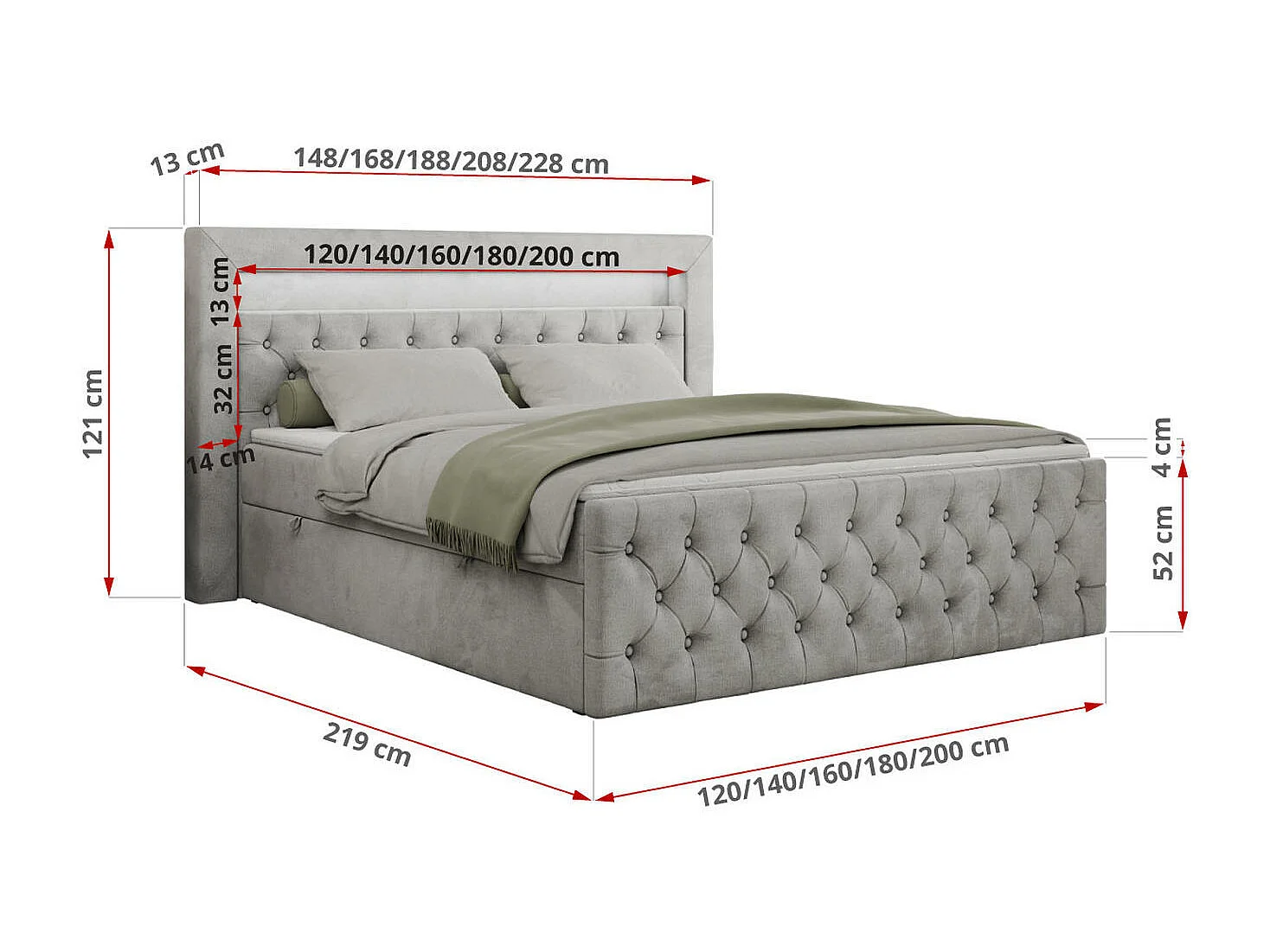 Boxspringbett GOLD 9 mit Stauraum, Multipocket-Matratze, gestepptes Bett, LED Beleuchtung - 120x200 cm - H3 - Hellgrau Velvet