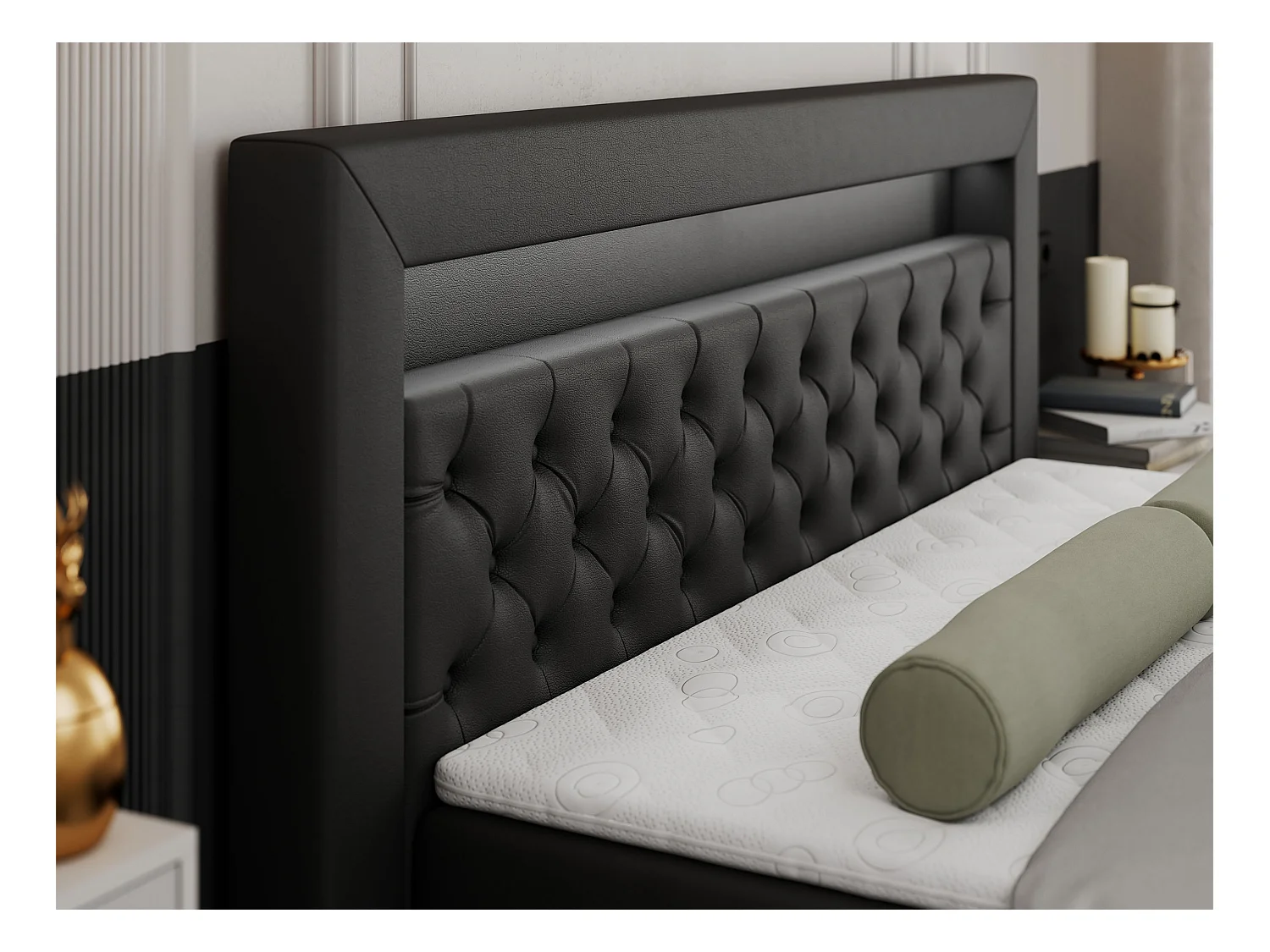 Boxspringbett GOLD 9 mit Stauraum, Multipocket-Matratze, gestepptes Bett, LED Beleuchtung - 160x200 cm - H4 - Schwarz Kunstleder