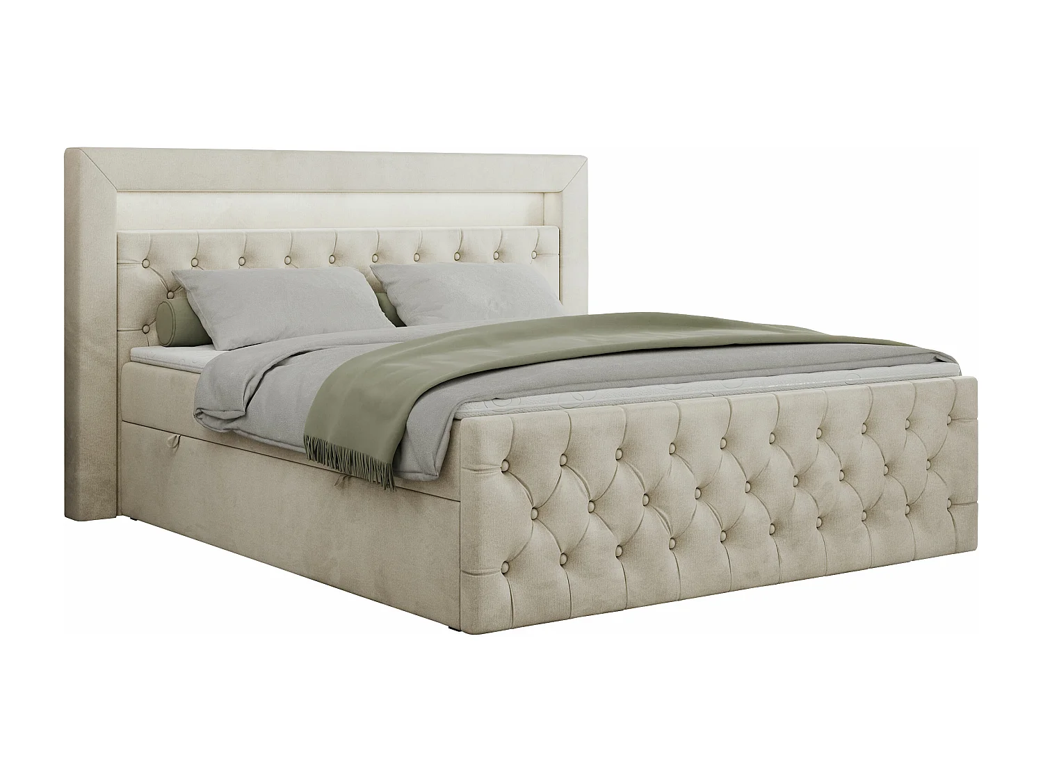 Boxspringbett GOLD 9 mit Stauraum, Multipocket-Matratze, gestepptes Bett, LED Beleuchtung - 200x200 cm - H3 - Beige Velvet