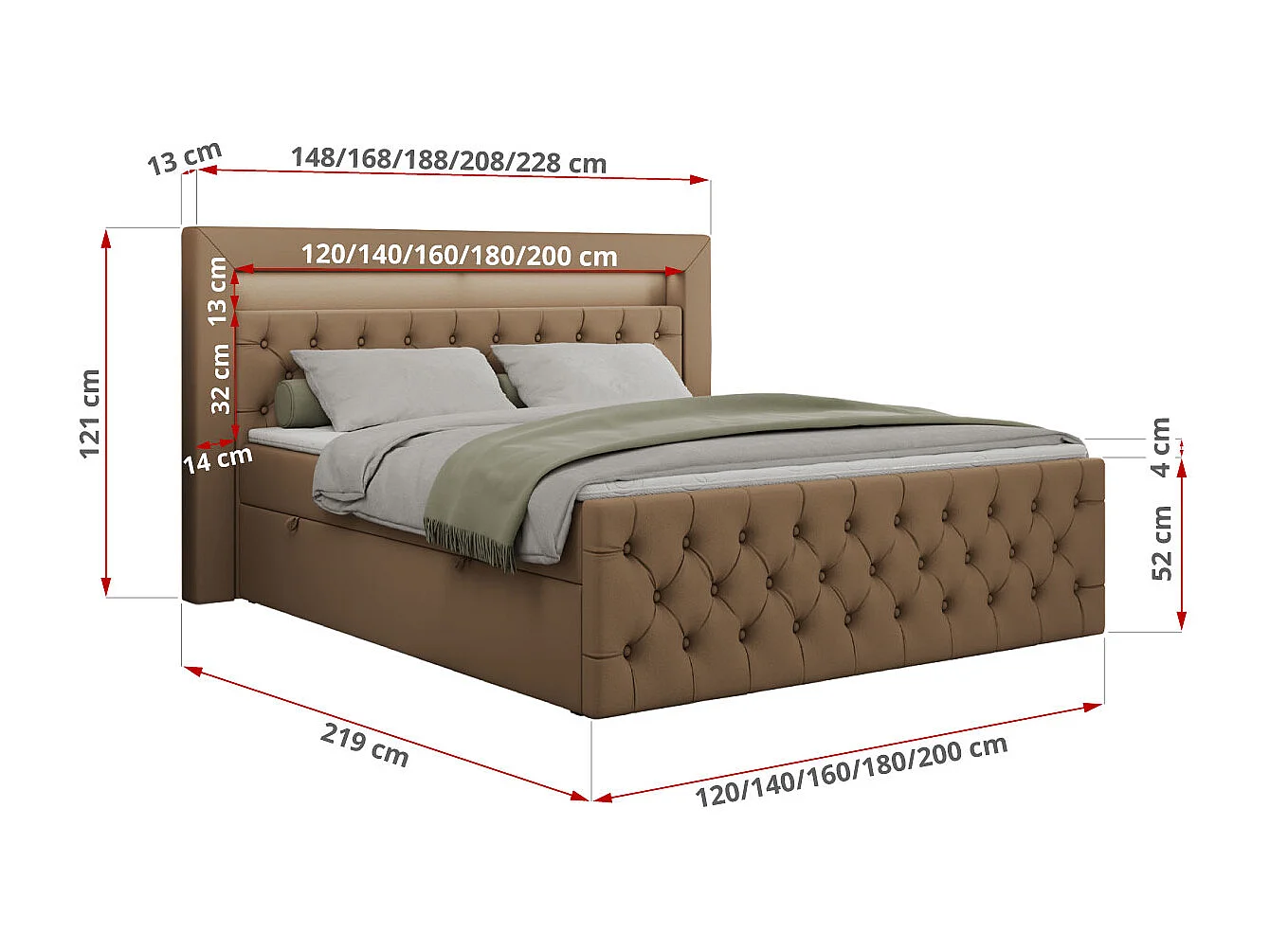 Boxspringbett GOLD 9 mit Stauraum, Multipocket-Matratze, gestepptes Bett, LED Beleuchtung - 180x200 cm - H4 - Braun Kunstleder