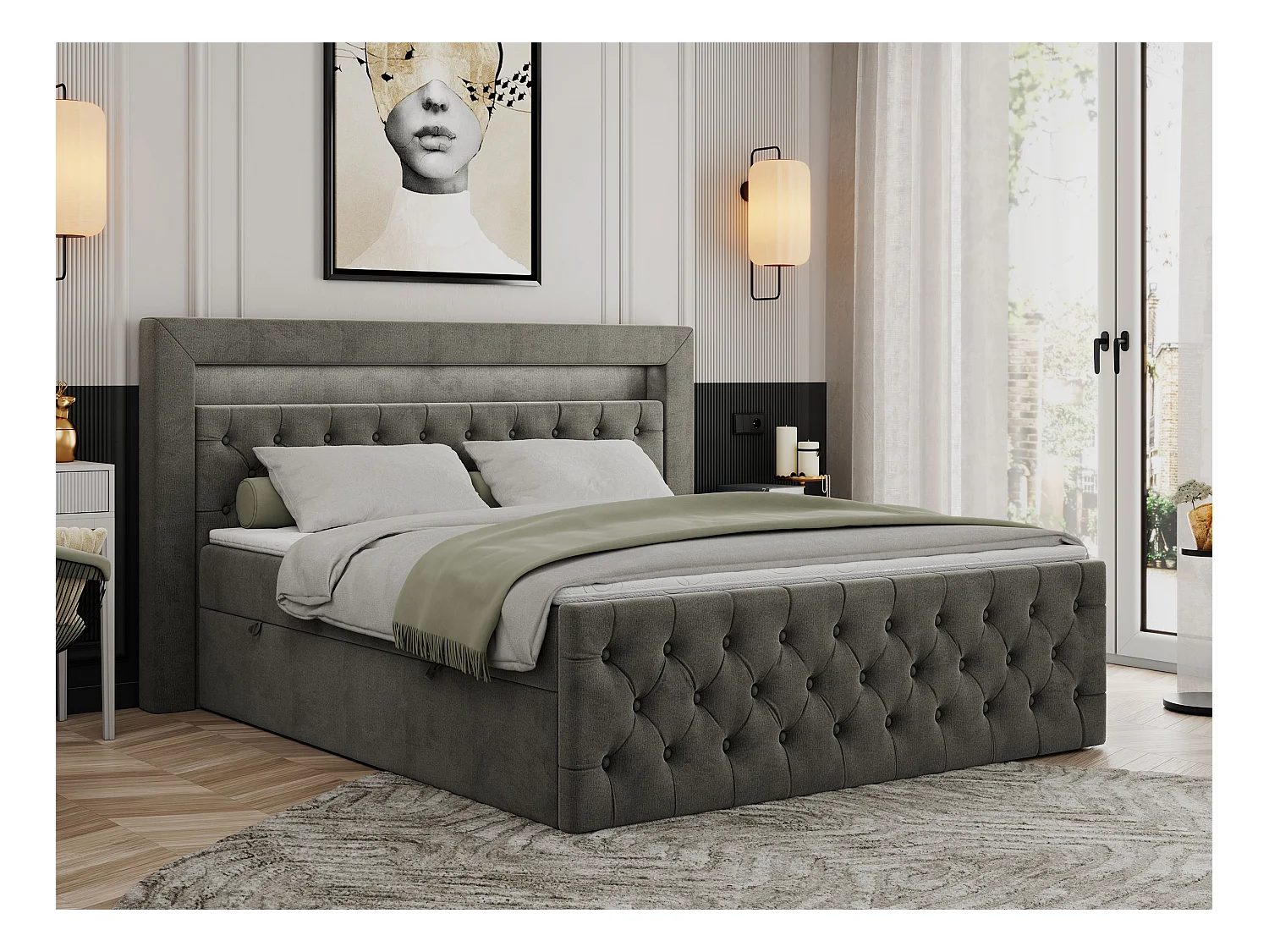 Boxspringbett GOLD 9 mit Stauraum, Multipocket-Matratze, gestepptes Bett, LED Beleuchtung - 140x200 cm - H4 - Dunkelgrau Velvet