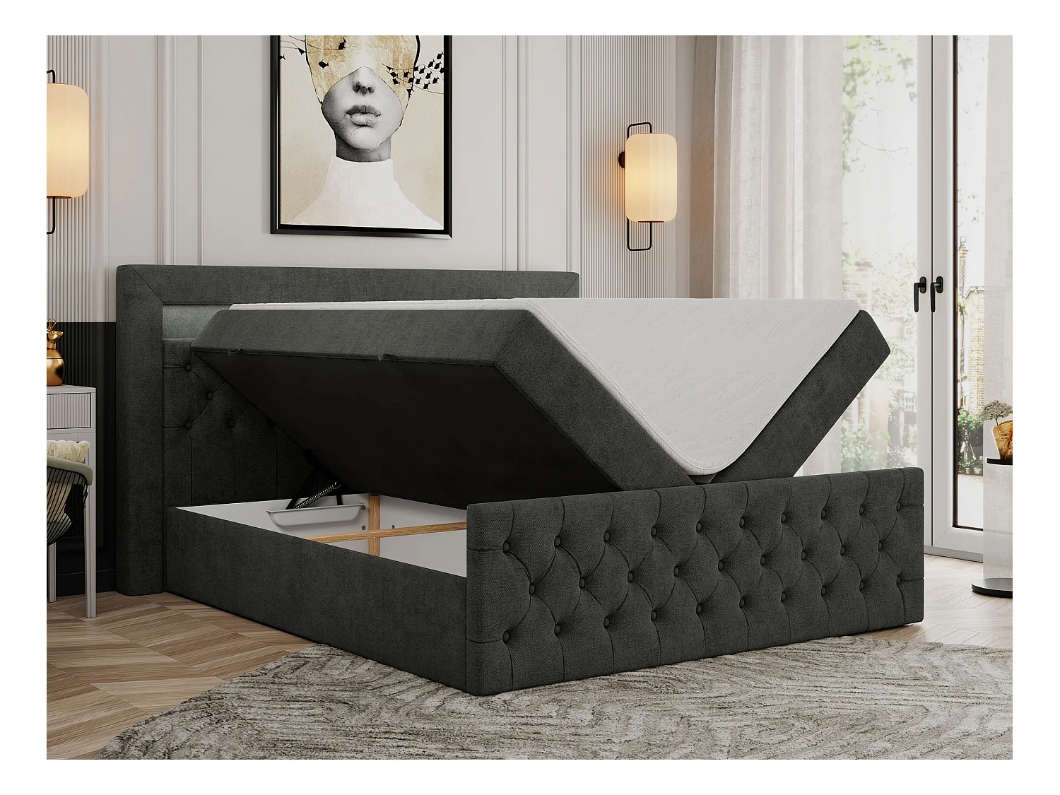 Boxspringbett GOLD 9 mit Stauraum, Multipocket-Matratze, gestepptes Bett, LED Beleuchtung - 160x200 cm - H4 - Dunkelgrau Strukture